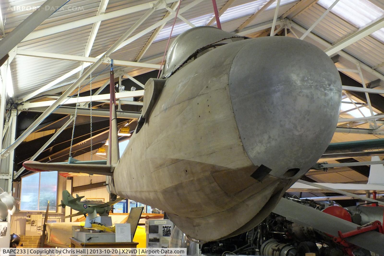BAPC233, 1946 Broburn Wanderlust C/N 001, Built at Woodley Airfield in 1946, having been in storage at Farnborough for some years, it was bought back to Woodley in 1993 for restoration in the Museum by its present owner Pat Pottinger and one of its original creators Ken Radburn.