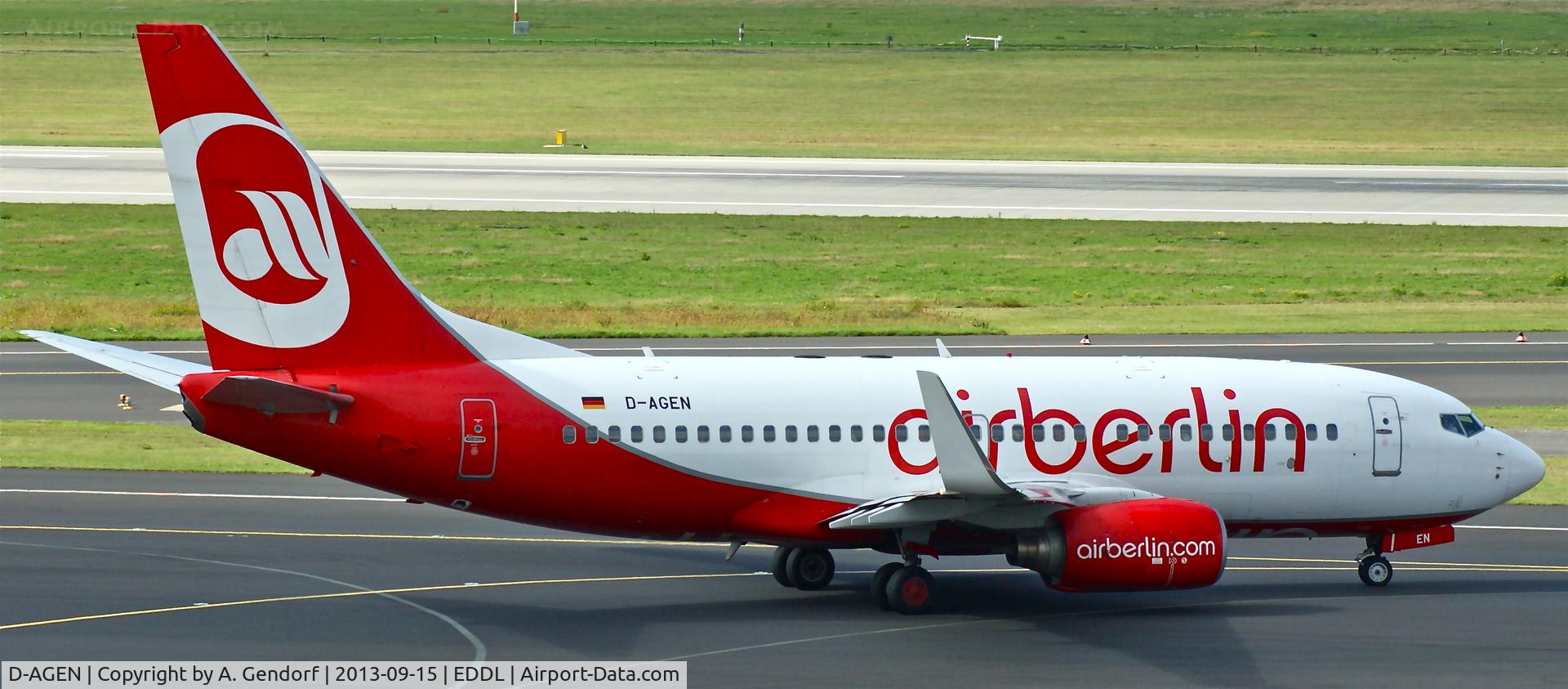 D-AGEN, 1998 Boeing 737-75B C/N 28100, Germania (Air Berlin cs.), is here taxiing to RWY 23L for departure at Düsseldorf Int´l(EDDL)