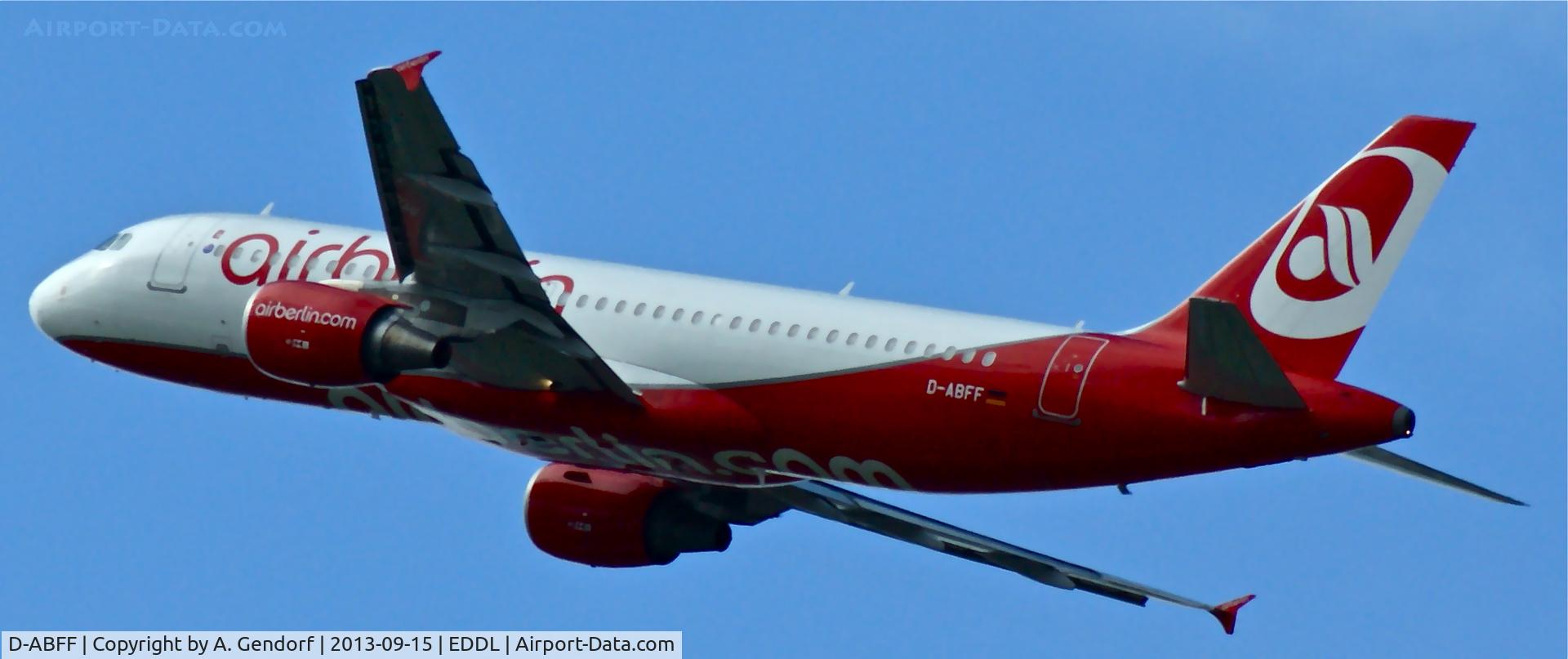 D-ABFF, 2010 Airbus A320-214 C/N 4329, Air Berlin, seen here climbing out at Düsseldorf Int´l(EDDL), bound for Munich(EDDM)