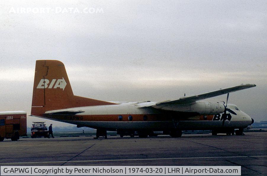 G-APWG, 1962 Handley Page HPR-7 Herald 201 C/N 155, Herald 201 of British Island Airways as seen at Heathrow on March 1974.