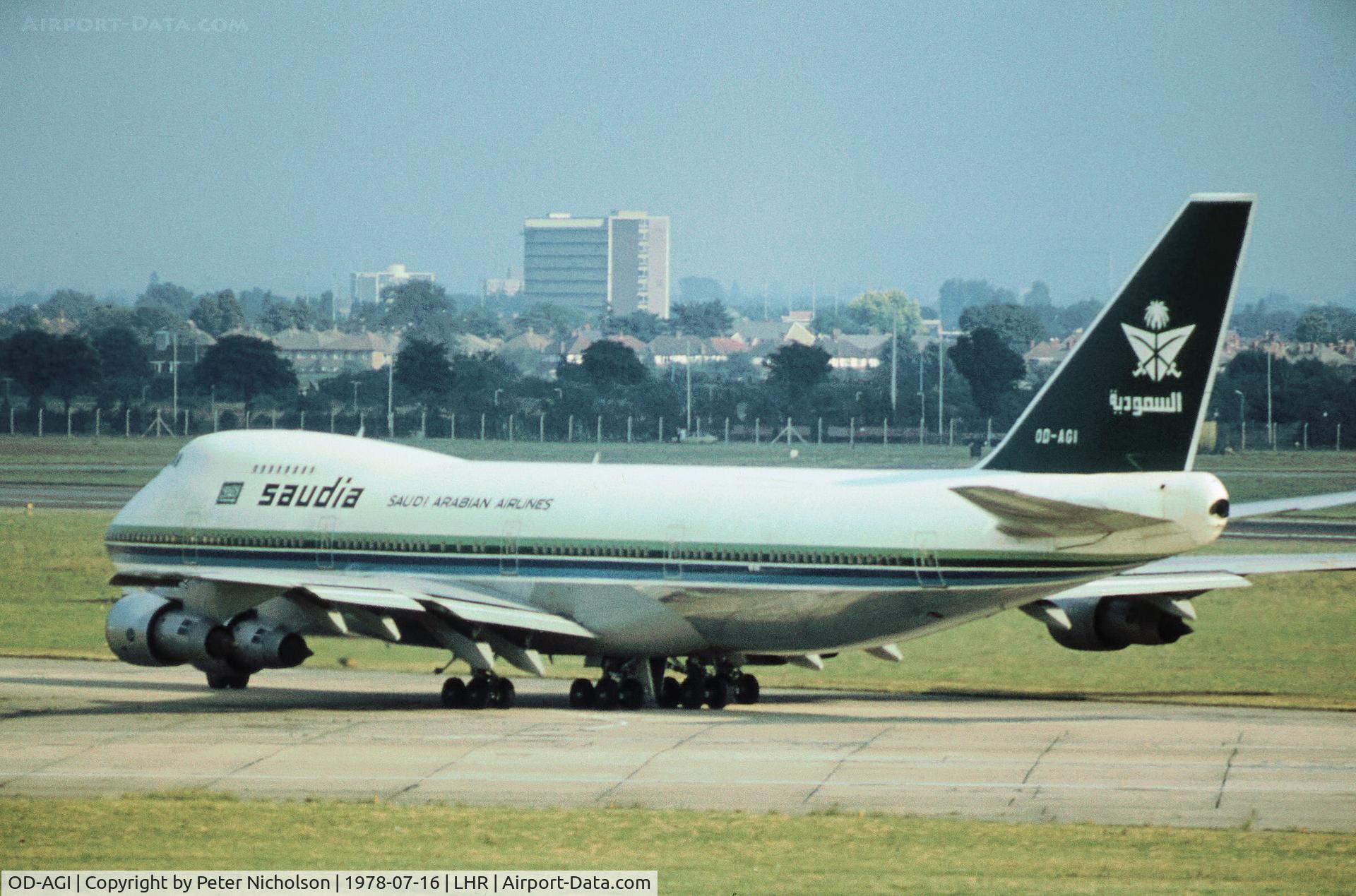 OD-AGI, 1975 Boeing 747-2B4B C/N 21098, Boeing 747-2B4B of Saudi Arabian Airlines departing from Heathrow in the Summer of 1978.