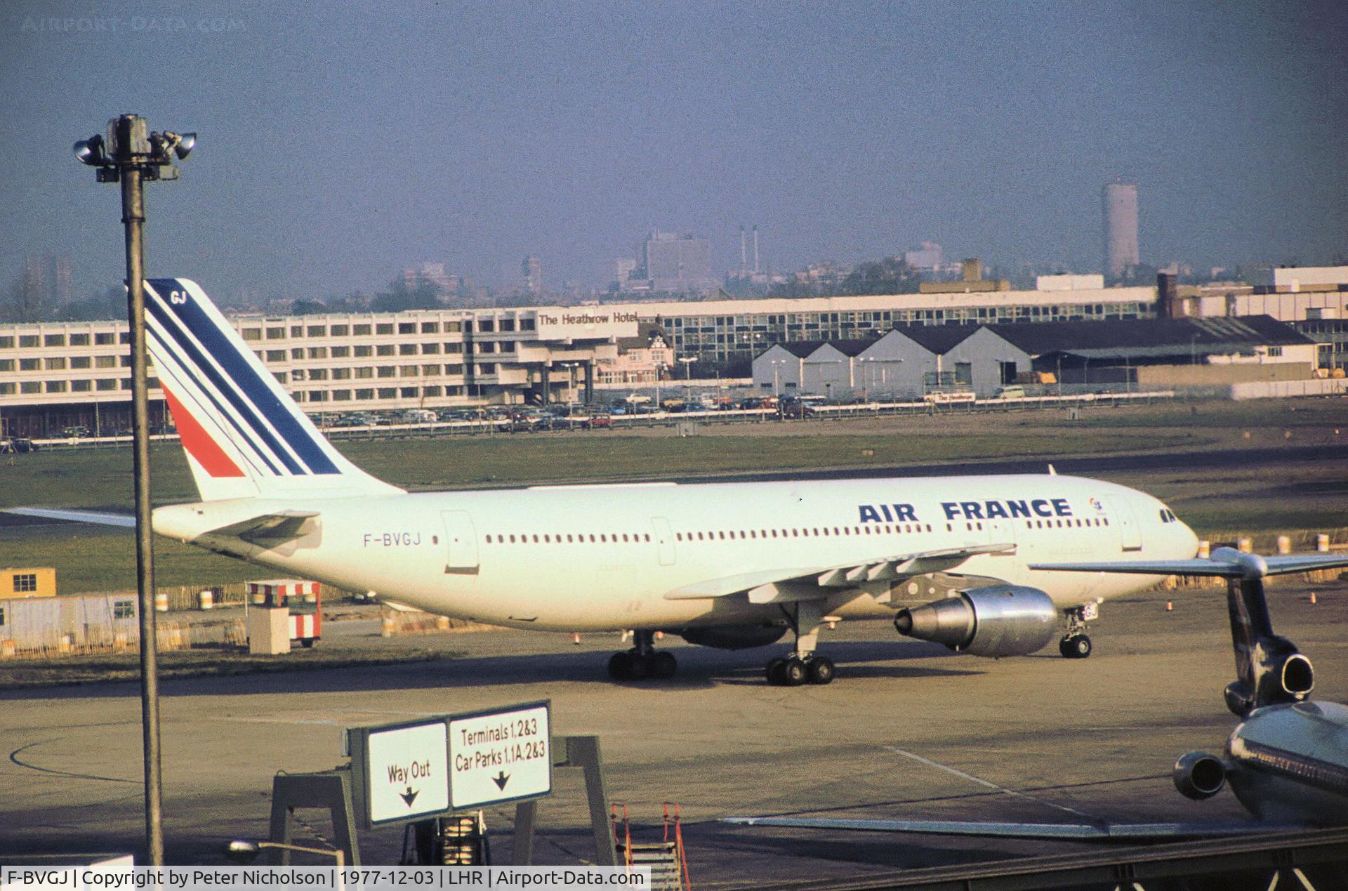 F-BVGJ, 1977 Airbus A300B4-203(F) C/N 047, Airbus A300B-4 of Air France as seen at Heathrow in December 1977.