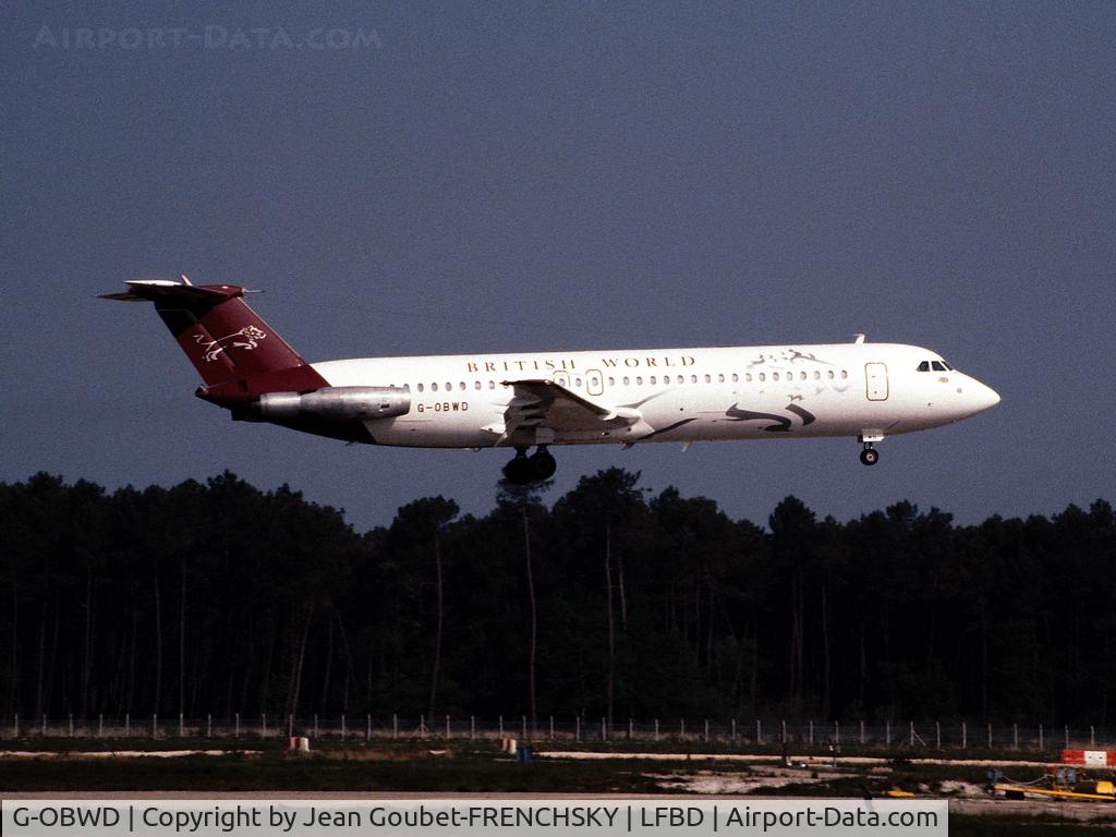 G-OBWD, 1970 BAC 111-518FG One-Eleven C/N BAC.203, British World Airlines landing 05 (summer 93)