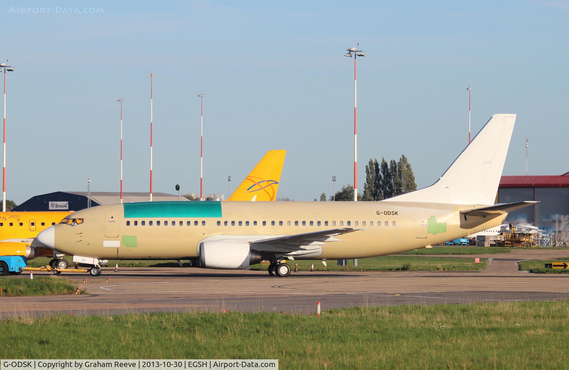 G-ODSK, 1997 Boeing 737-37Q C/N 28537, Under tow at Norwich.