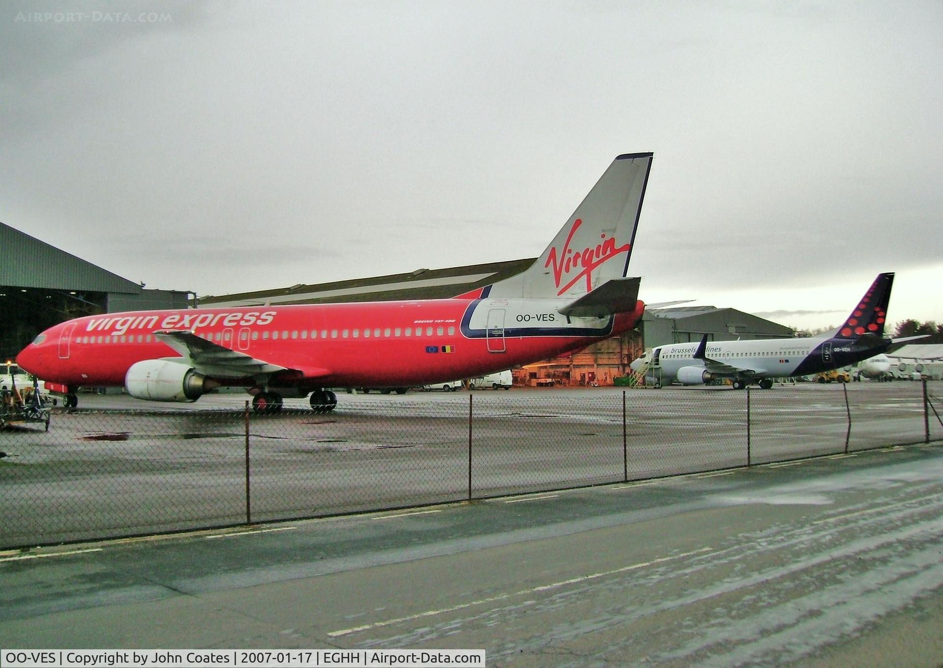OO-VES, 1996 Boeing 737-43Q C/N 28493, Entering paintshop for respray with OO-VEN just painted in Brussels c/s parked behind.