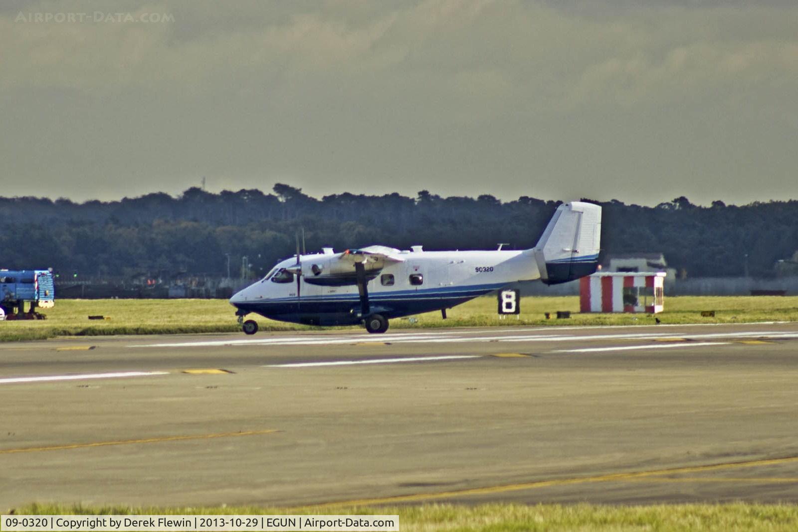 09-0320, PZL-Mielec C-145A (M-28) Combat Coyote C/N AJE003-20, Rare visitor to EGUN, Rch1028 of the 27th SOW, seen Taxiing shortly after landing on runway 29.