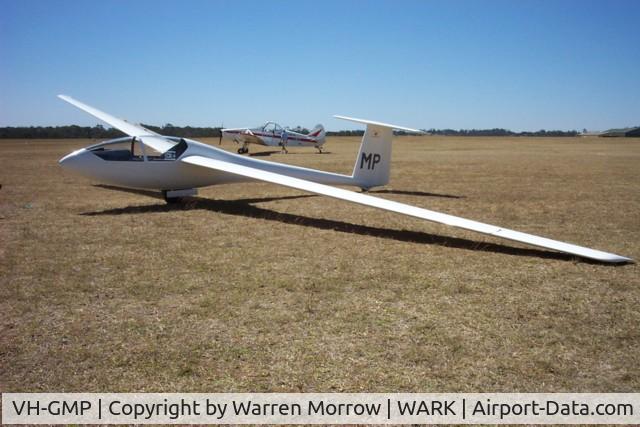 VH-GMP, 1975 Glasflugel 206 Hornet C/N 12, Waiting for a launch at Hunter Valley Gliding Club airfield at Warkworth, NSW, Australia - probably between 1985 and 1990