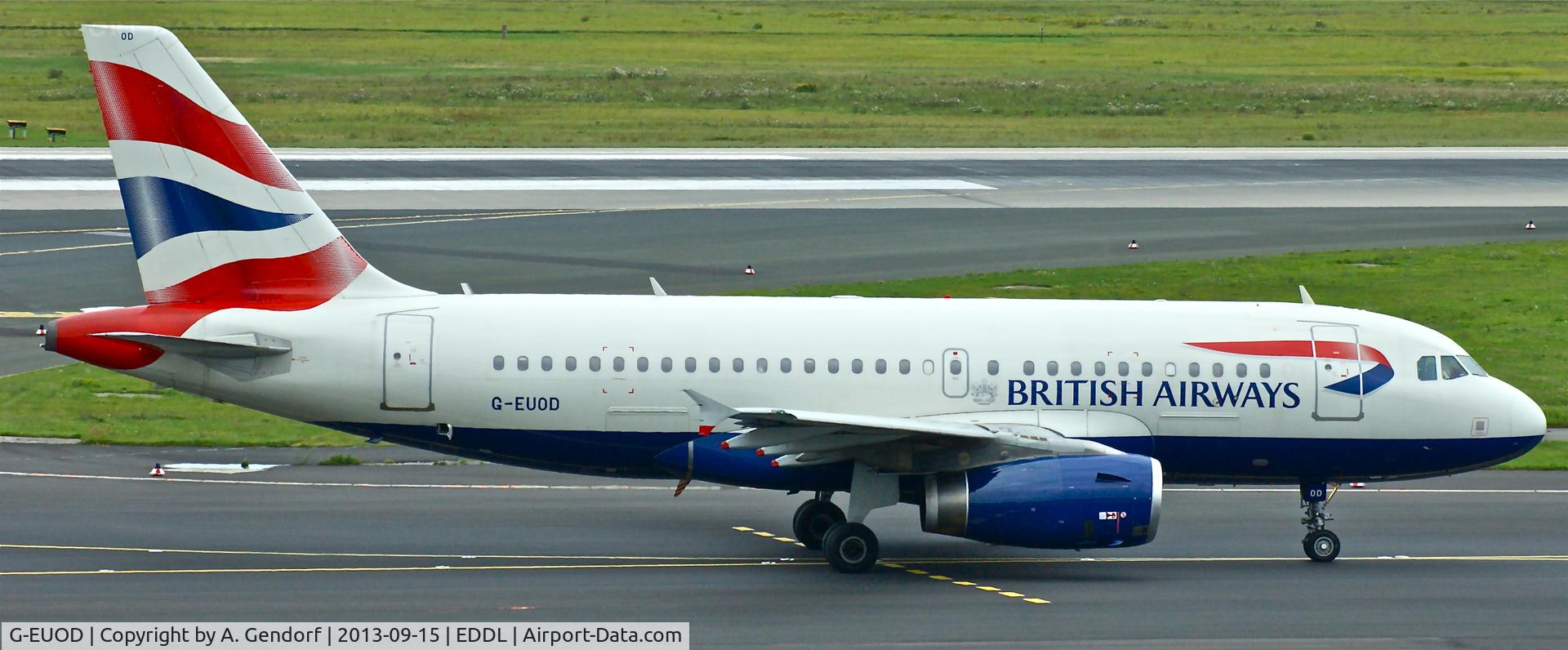 G-EUOD, 2001 Airbus A319-131 C/N 1558, British Airways, is here on the taxiway at Düsseldorf Int´l(EDDL)
