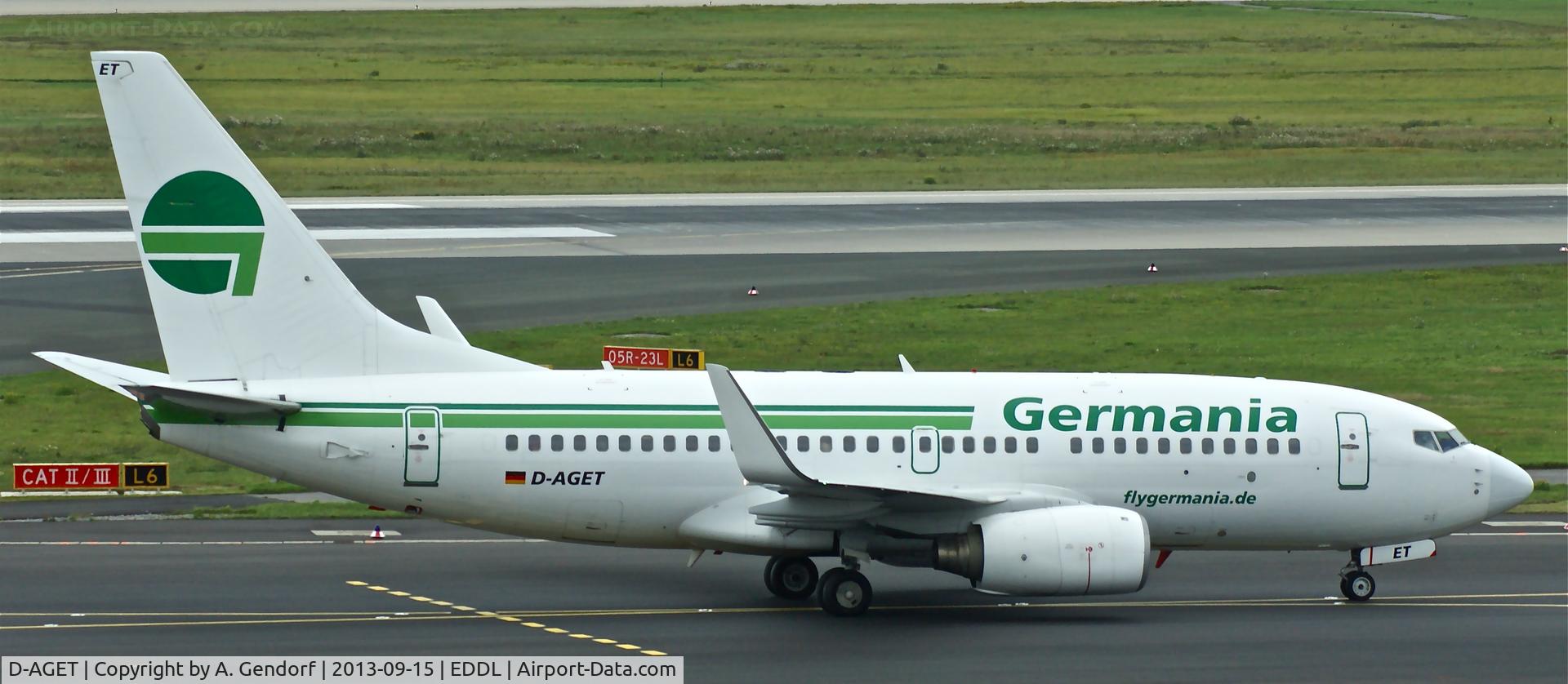 D-AGET, 1998 Boeing 737-75B C/N 28109, Germania, seen here taxiing to RWY 23L at Düsseldorf Int´l(EDDL)