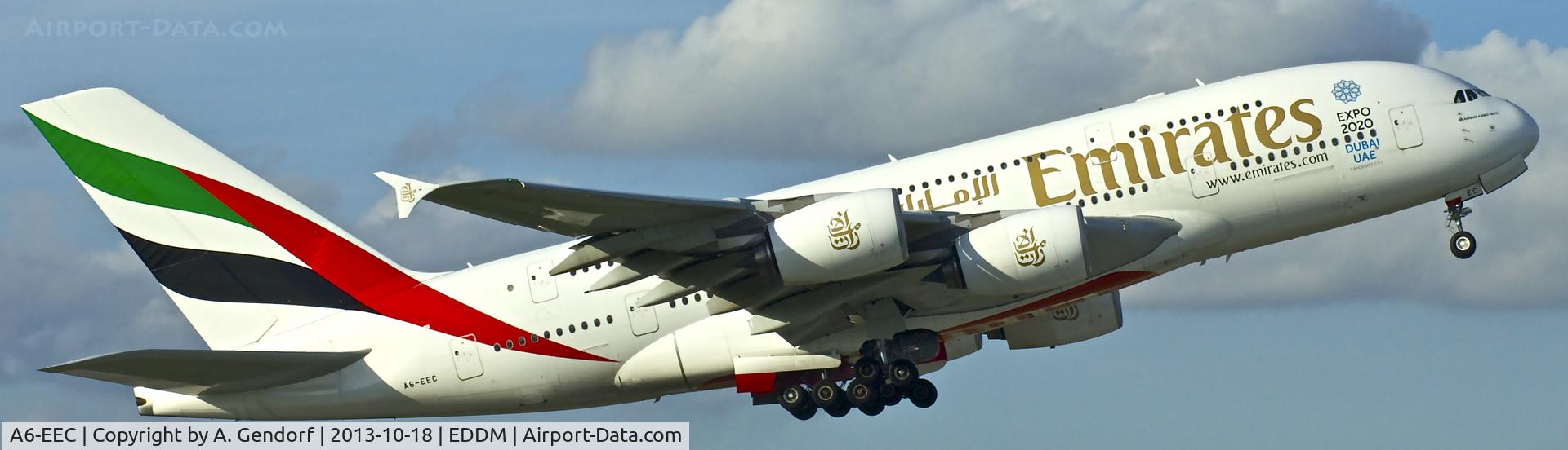 A6-EEC, 2012 Airbus A380-861 C/N 110, Emirates (Expo 2020 sticker), seen here after take off RWY 08R at München(EDDM)