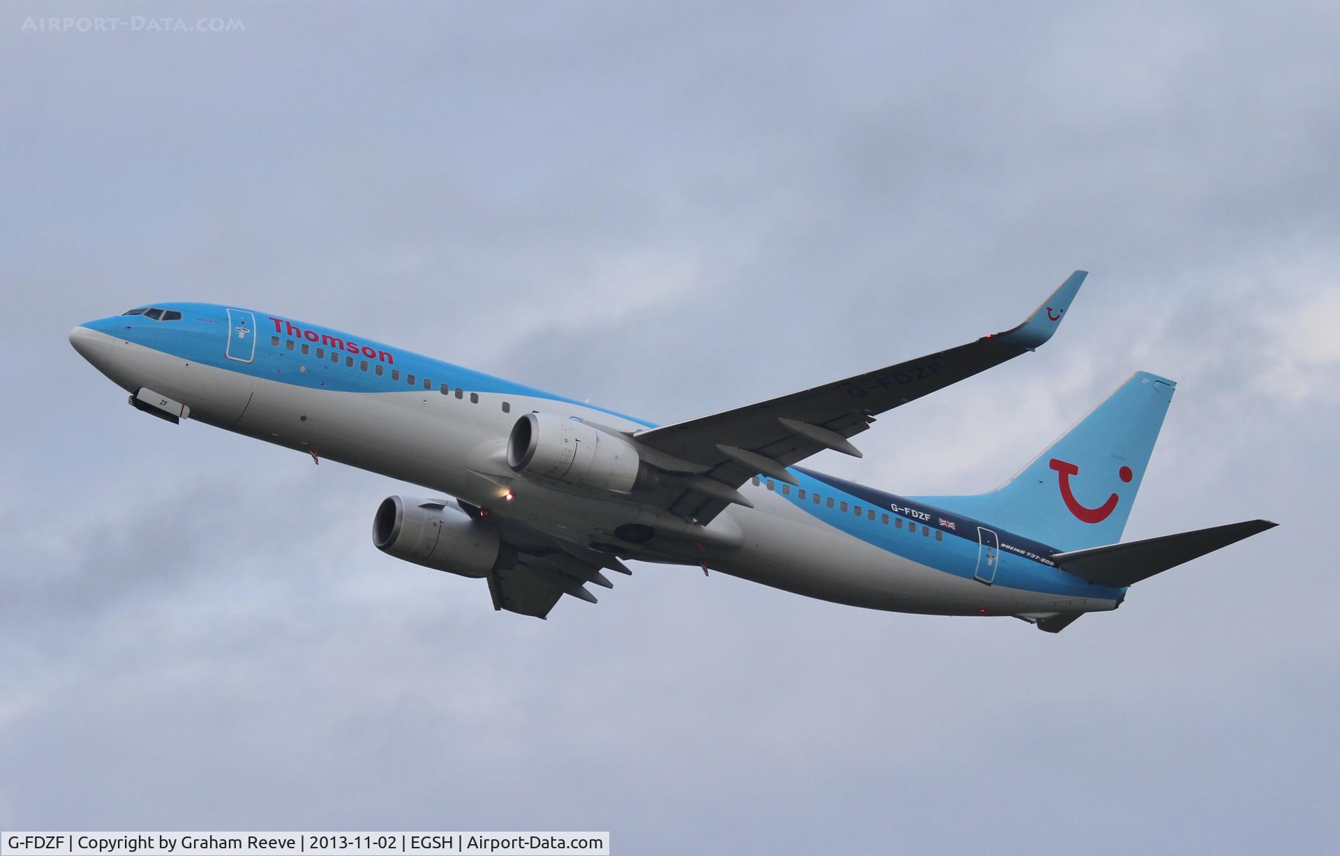 G-FDZF, 2008 Boeing 737-8K5 C/N 35138, Departing from Norwich.