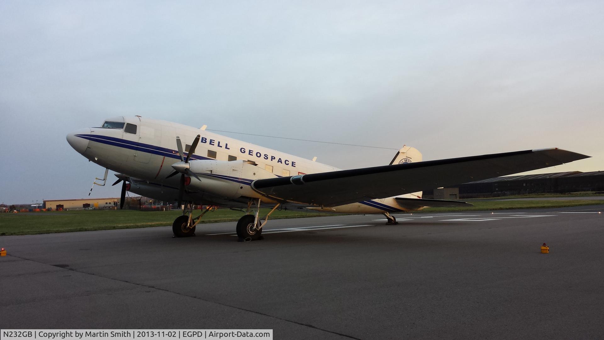 N232GB, 1944 Douglas DC3C 1830-94 C/N 26268, Reg is now CFTGI, wearing Bell Geospace Aviation markings. Plate indicates build year 1943 S/N 26268.