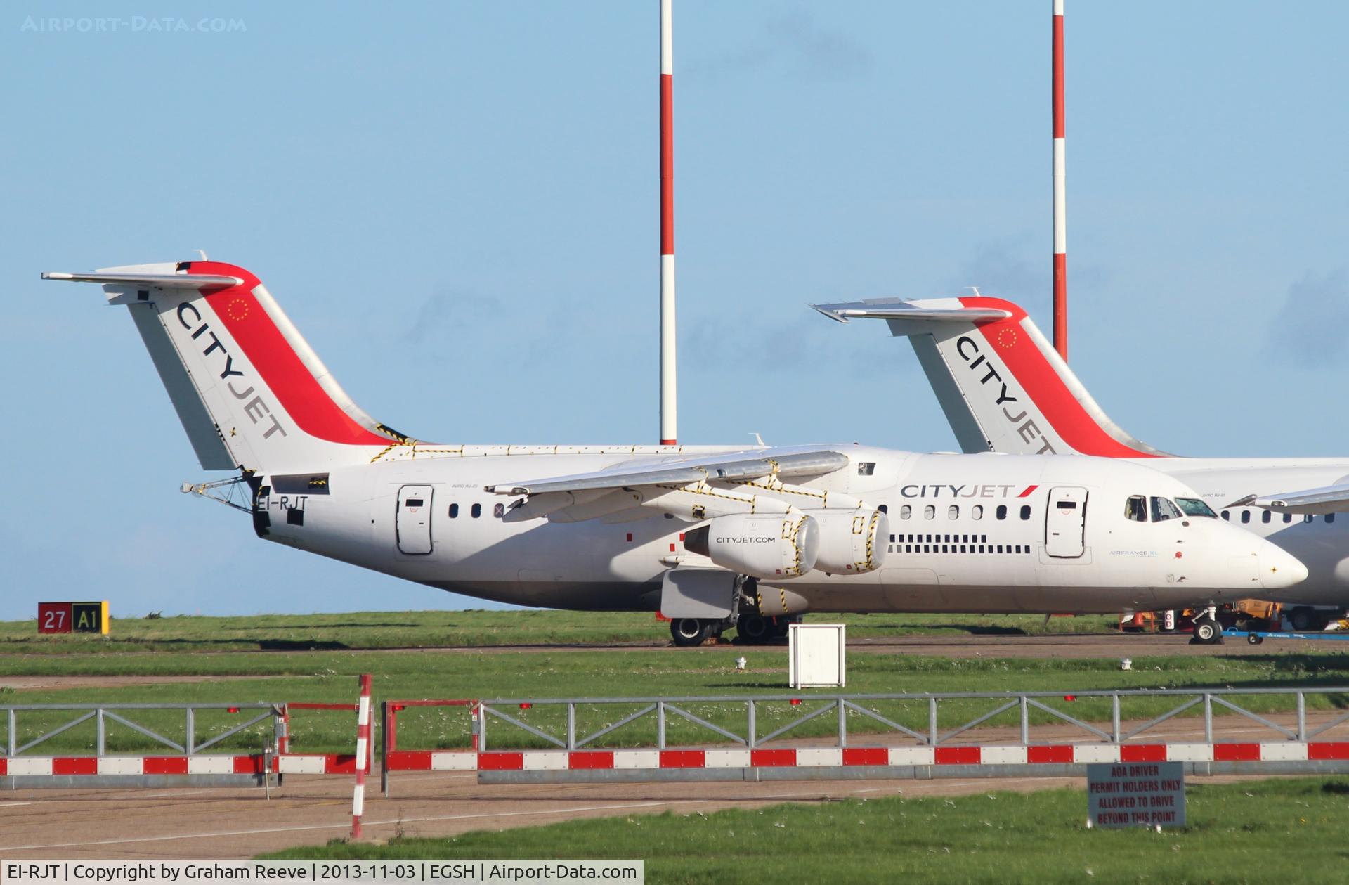 EI-RJT, 2000 British Aerospace Avro 146-RJ85A C/N E2366, Parked at Norwich with the air-brakes removed.