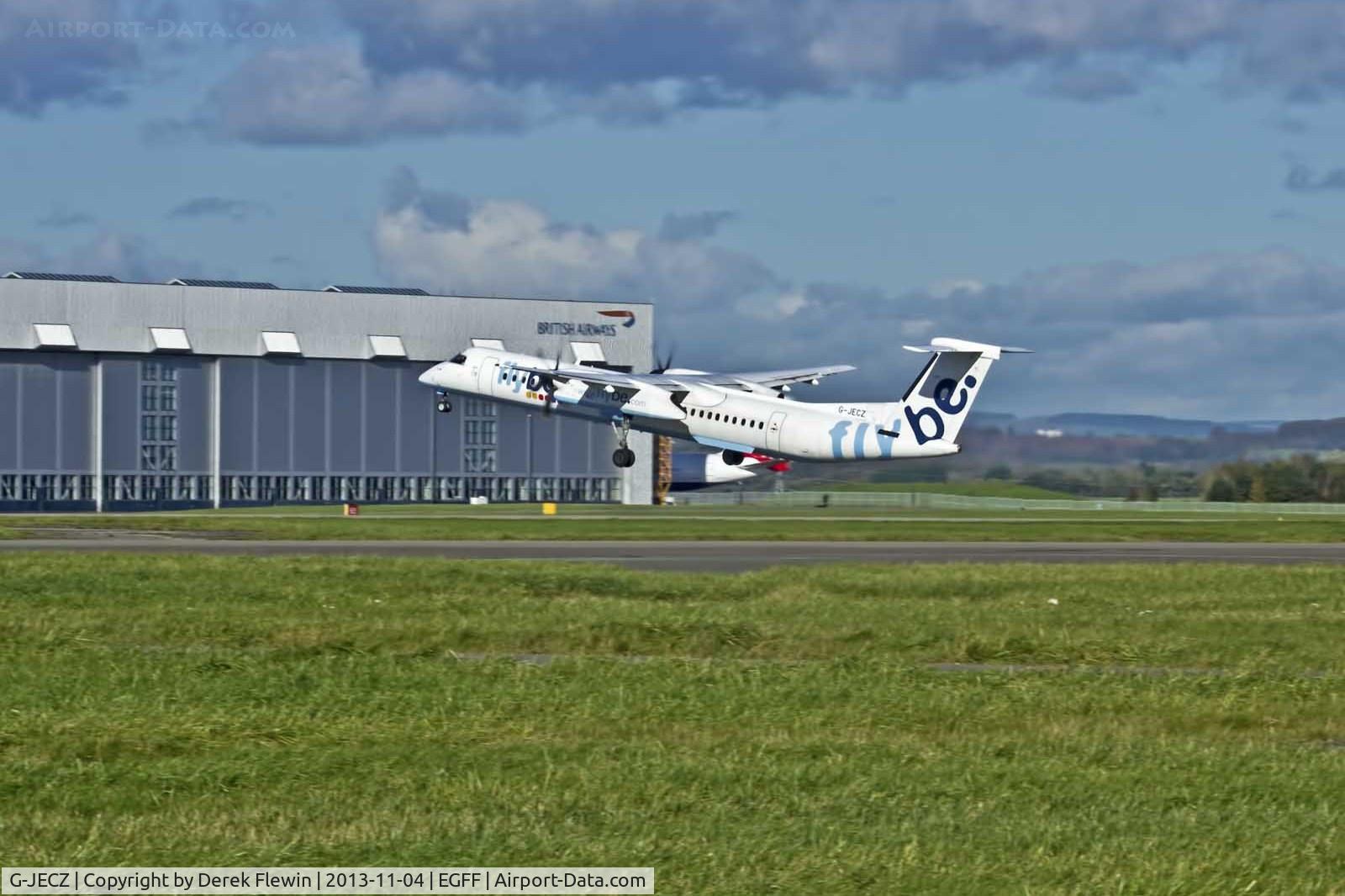 G-JECZ, 2007 De Havilland Canada DHC-8-402Q Dash 8 C/N 4179, Canada DHC-8-402Q, Jersey 6MA, pulling our from runway 12 at EGFF en-route to Belfast City.
