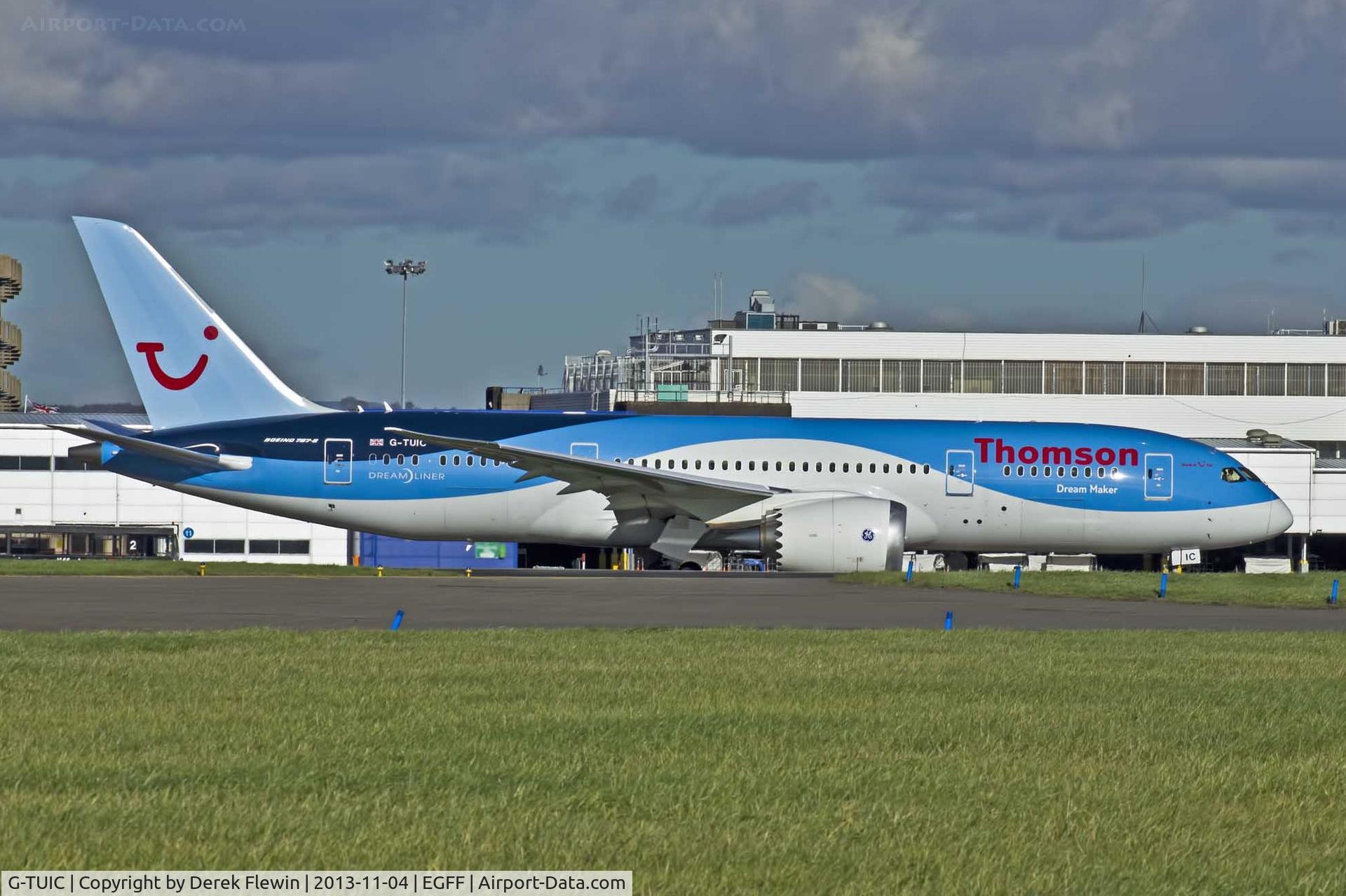 G-TUIC, 2013 Boeing 787-8 Dreamliner C/N 34424, Boeing 787-8 (Dream Maker) Thomson 922, seen taxiing at EGFF shortly after arriving from  Doncaster-Sheffield.