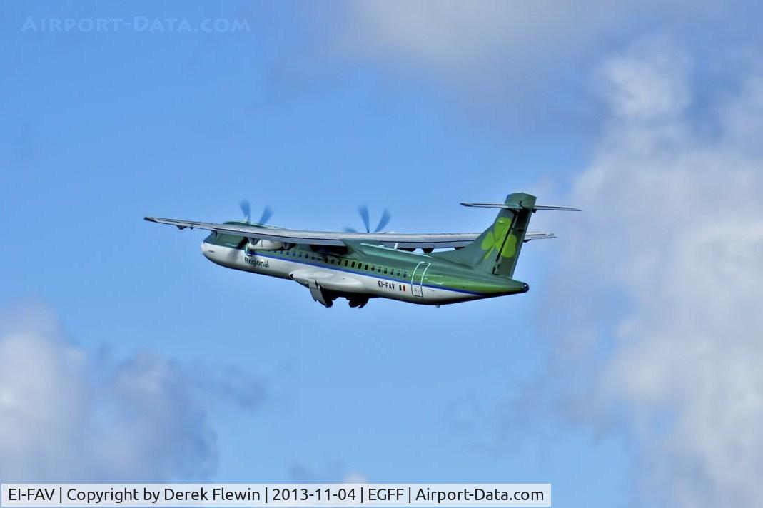 EI-FAV, 2013 ATR 72-600 (72-212A) C/N 1105, ATR 72-600, (St. Eithne) Arann 295, seen departing runway 12 at EGFF en-route to Dublin.