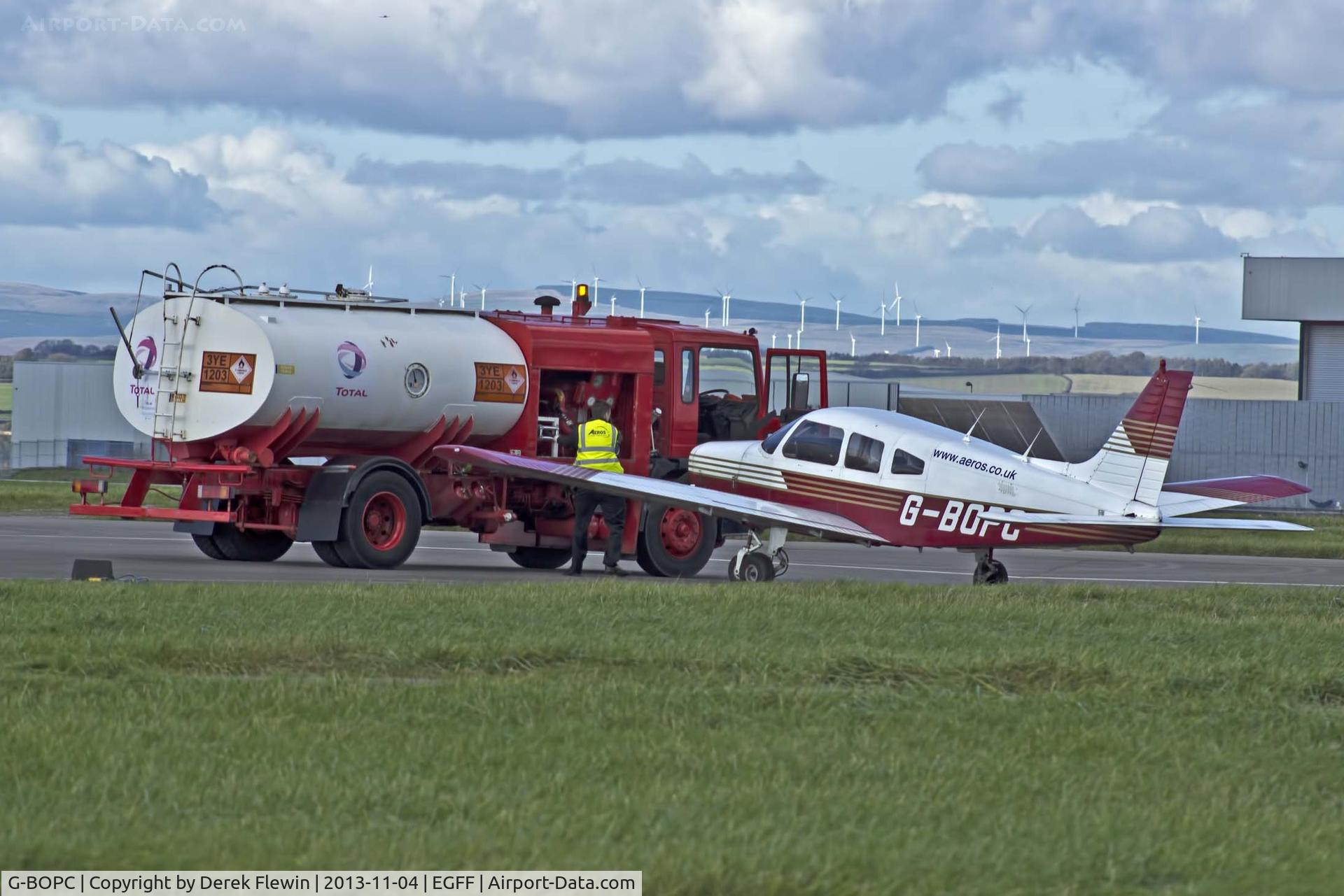 G-BOPC, 1982 Piper PA-28-161 Cherokee Warrior II C/N 28-8216006, Cardiff and Gloucester based Aeros PA-28-161 Warrior II, seen taking on fuel at EGFF.