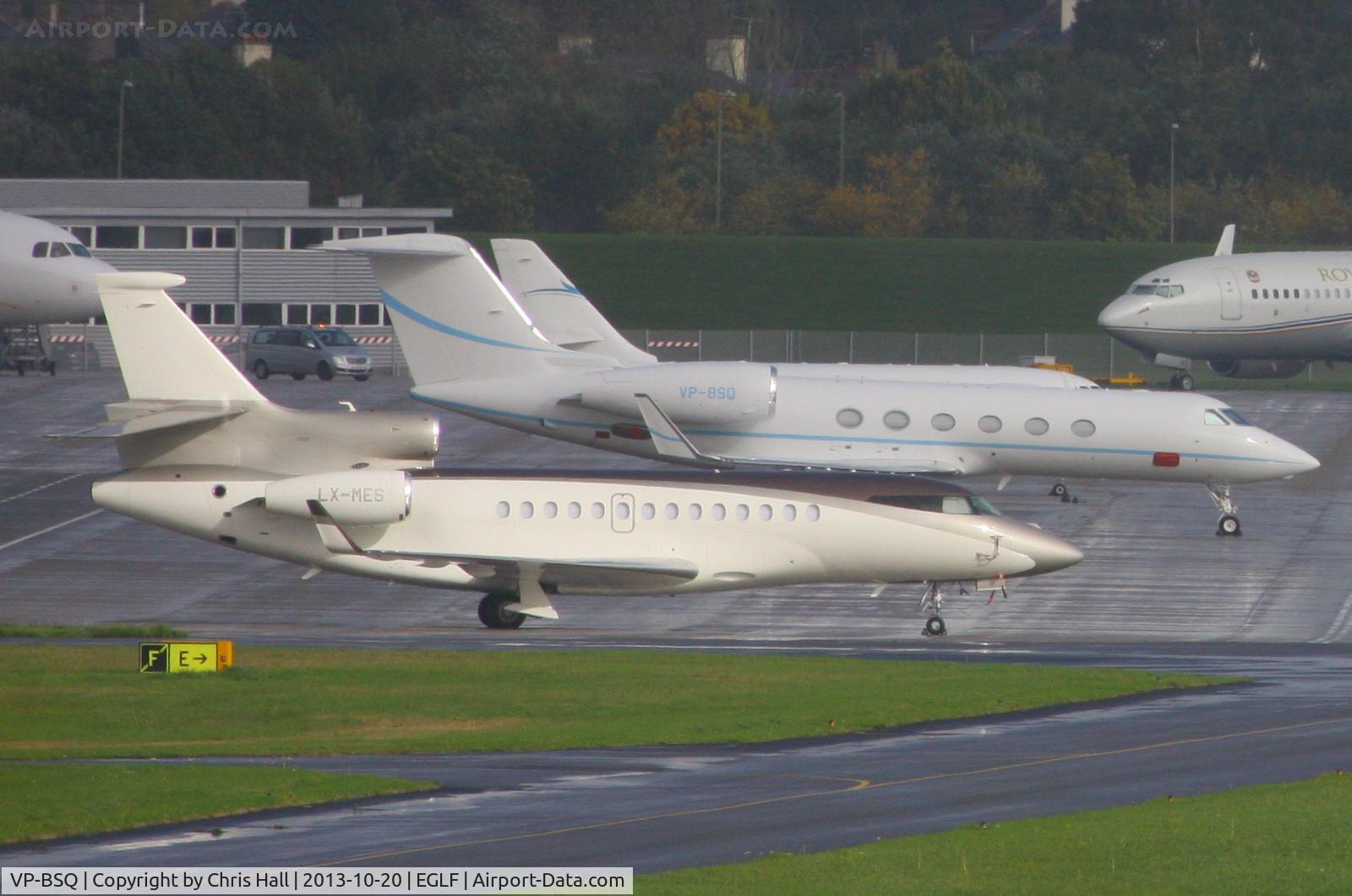VP-BSQ, 2011 Gulfstream Aerospace GIV-X (G450) C/N 4246, parked behind Roman Abramovich's Falcon 7X