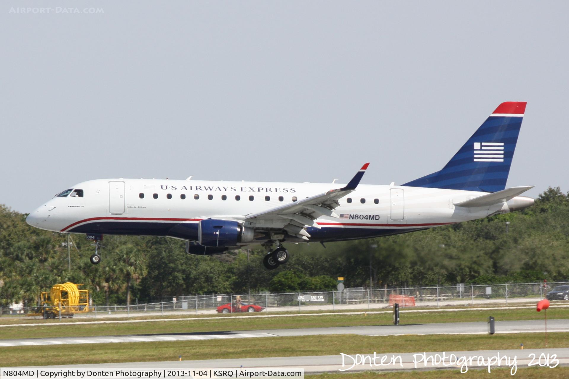 N804MD, 2004 Embraer 170SU (ERJ-170-100SU) C/N 17000016, US Air Flight 3346 operated by Republic (N804MD) arrives at Sarasota-Bradenton International Airport following a flight from Reagan National Airport