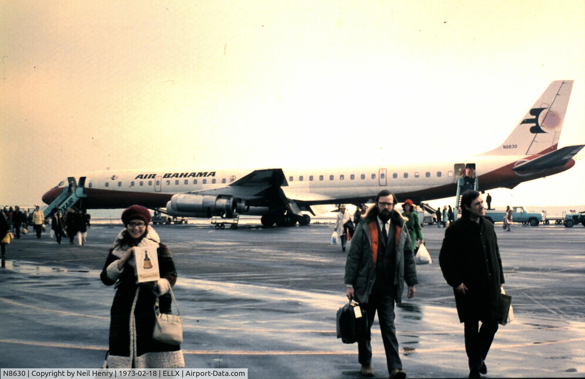 N8630, North American F-86F Sabre C/N 191-385 (52-4689), Taken as a slide - mid-February 1973 - at Luxembourg (Findel) airport after arrival from Keflavik, Iceland.   Flight was posted as Loftliedr Iceland Airways but actual plane is in colours of 'International Air Bahama'  an apparent sister company.