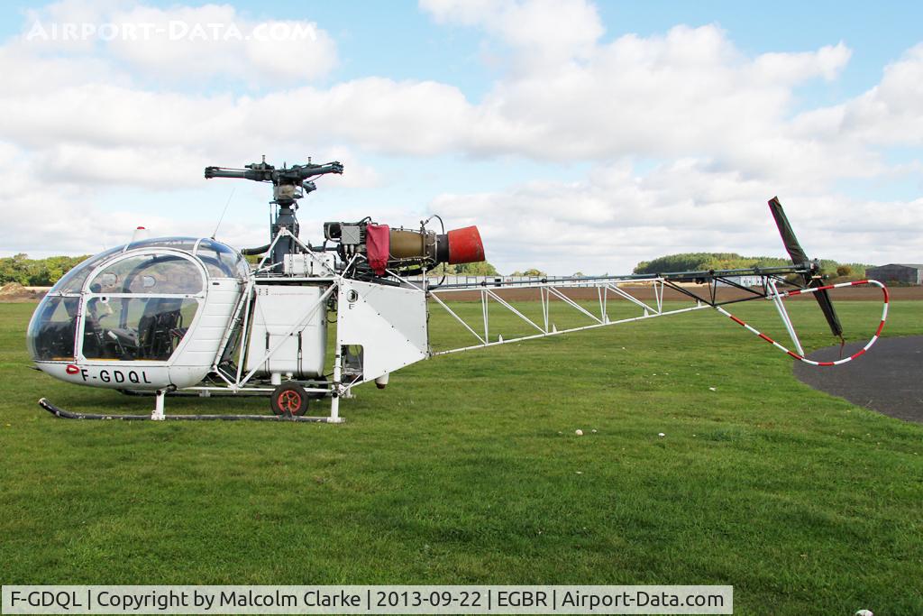 F-GDQL, Sud SE-313B Alouette II C/N 1250, Sud SE-313B Alouette II at The Real Aeroplane Club's Helicopter Fly-In, Breighton Airfield, September 2013.