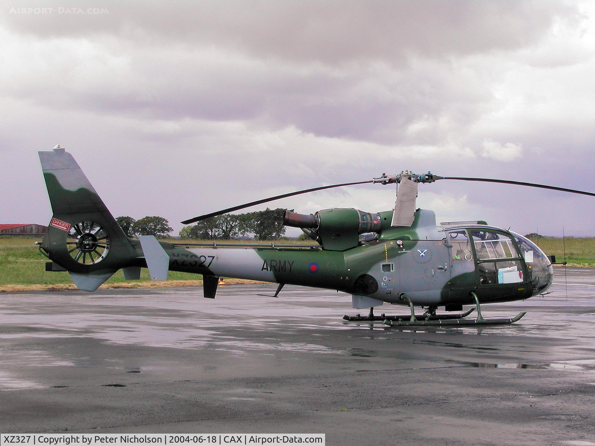 XZ327, 1977 Westland SA-341B Gazelle AH1 C/N 1645, Gazelle AH.1, callsign Army Air 755, of 3 (V) Flight at RAF Leuchars visiting Carlisle in the Summer of 2004