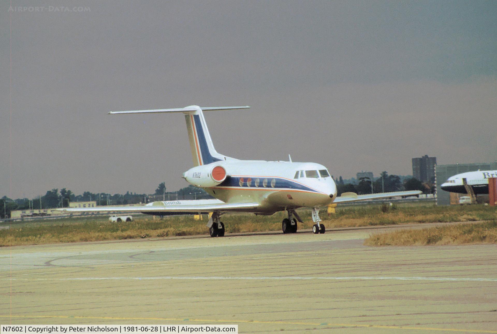 N7602, 1968 Grumman G-1159 Gulfstream II C/N 32, Gulfstream II as seen at Heathrow in the Summer of 1981.
