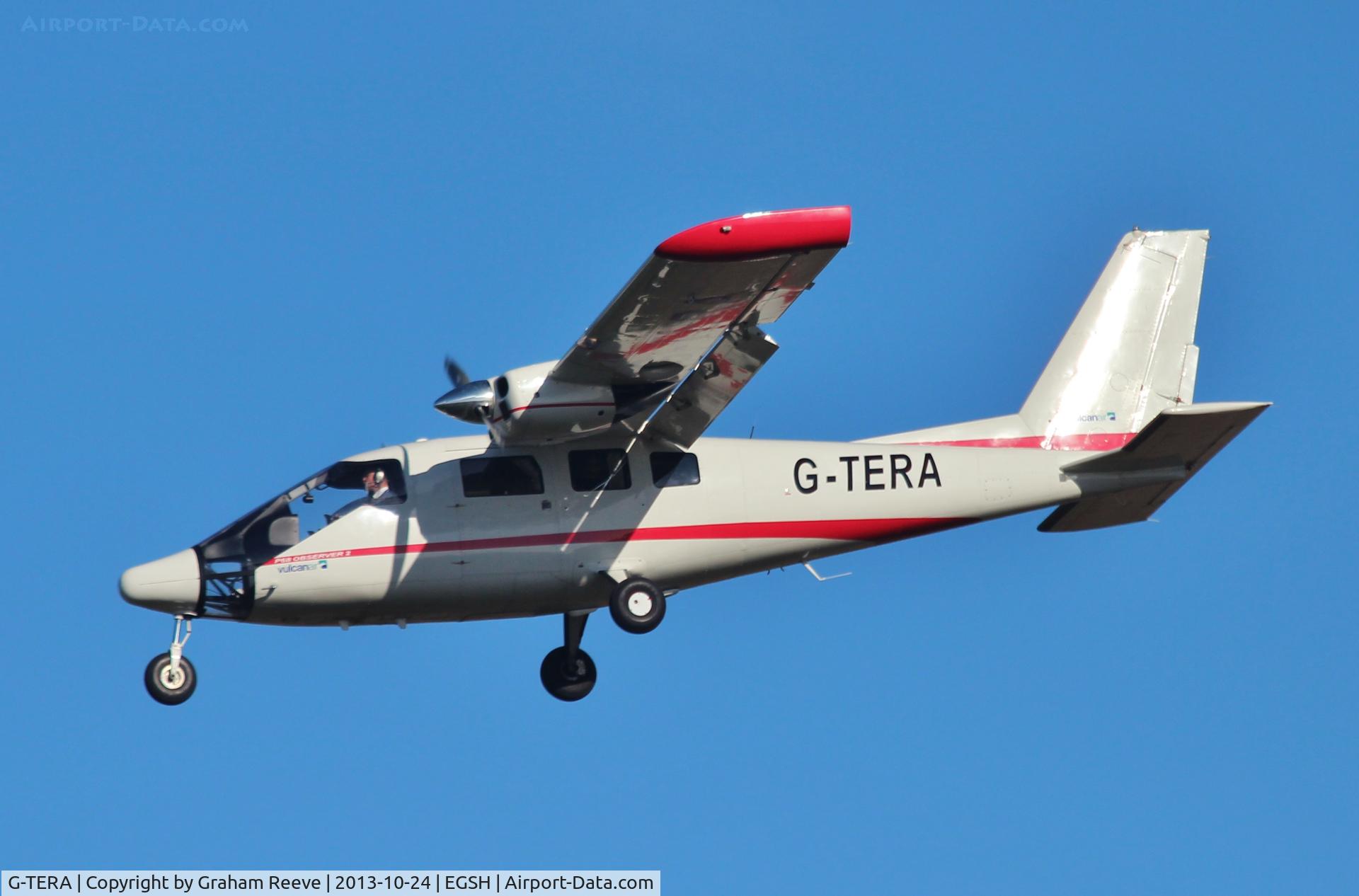G-TERA, 2007 Vulcanair P-68 Observer 2 C/N 433-29 OB2, Coming into land at Norwich.