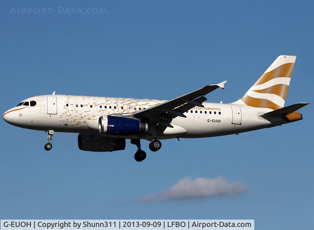 G-EUOH, 2001 Airbus A319-131 C/N 1604, Landing rwy 32L in Dove c/s
