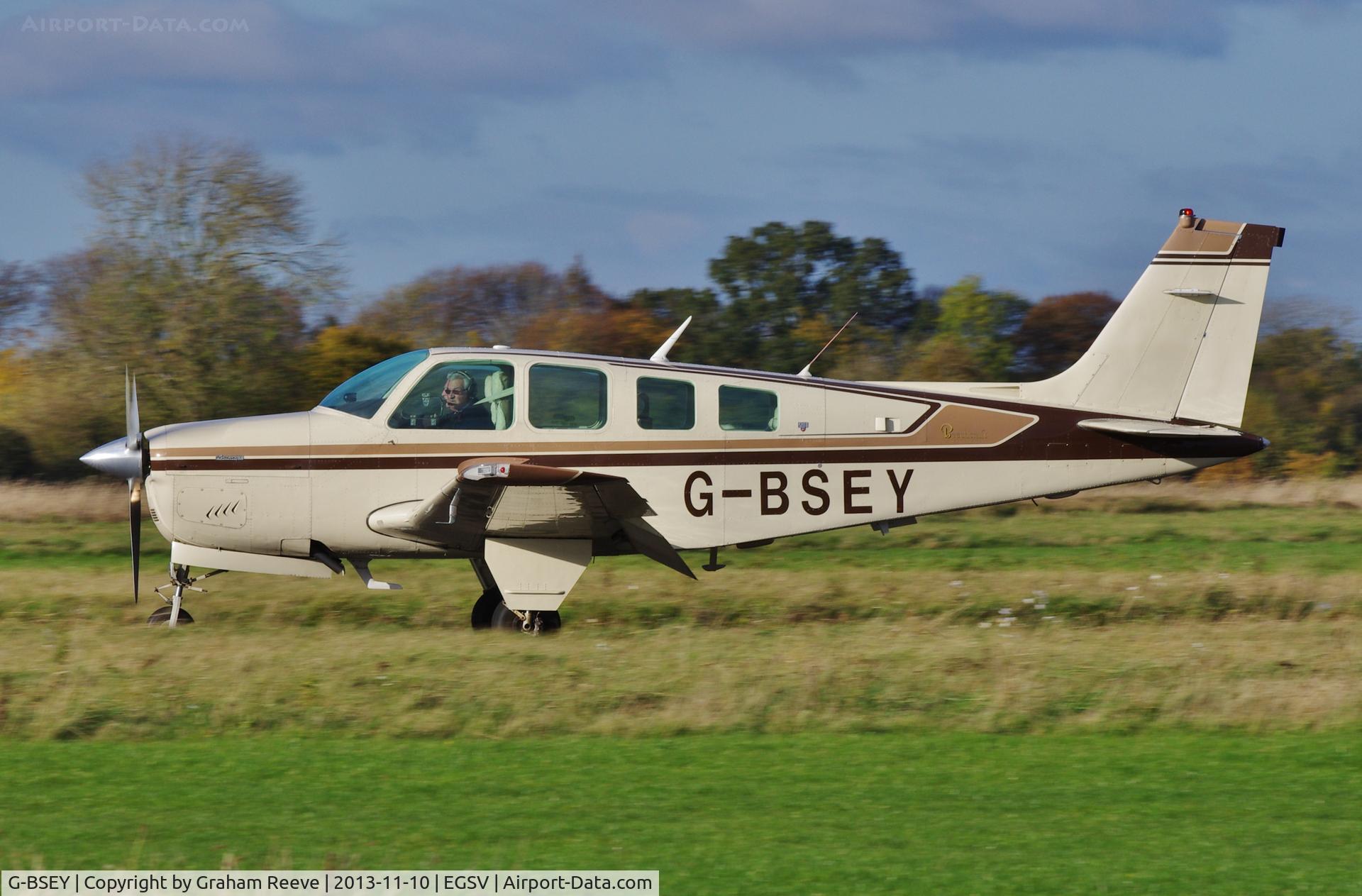 G-BSEY, 1981 Beech A36 Bonanza 36 C/N E-1873, Landing at Old Buckenham.