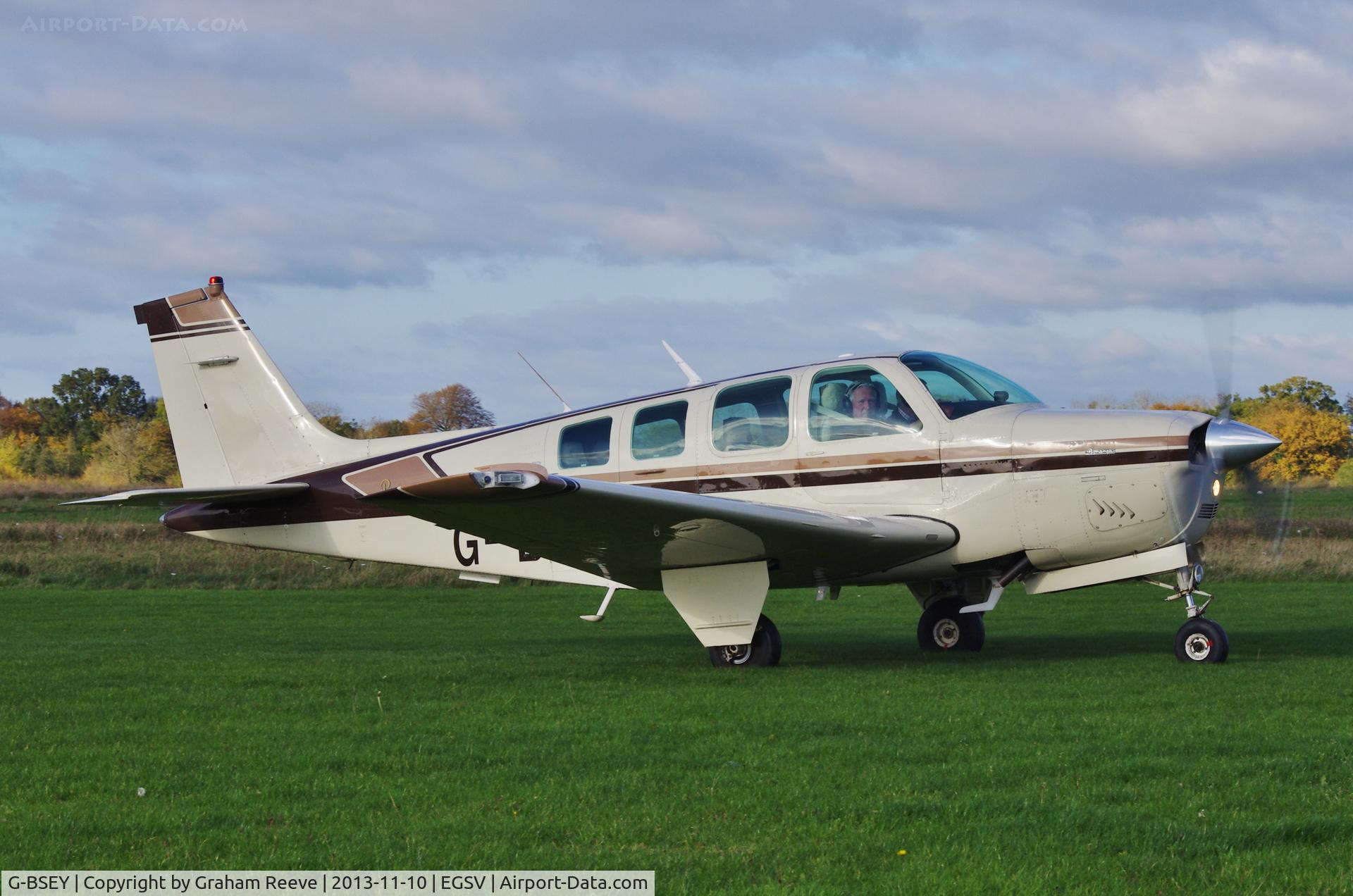G-BSEY, 1981 Beech A36 Bonanza 36 C/N E-1873, Just landed.