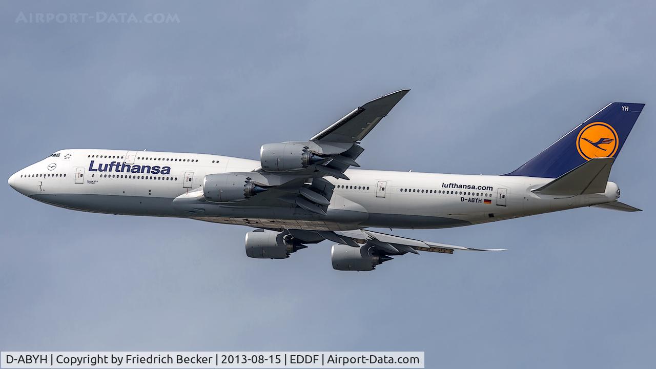 D-ABYH, 2013 Boeing 747-830 C/N 37832, departure from Frankfurt