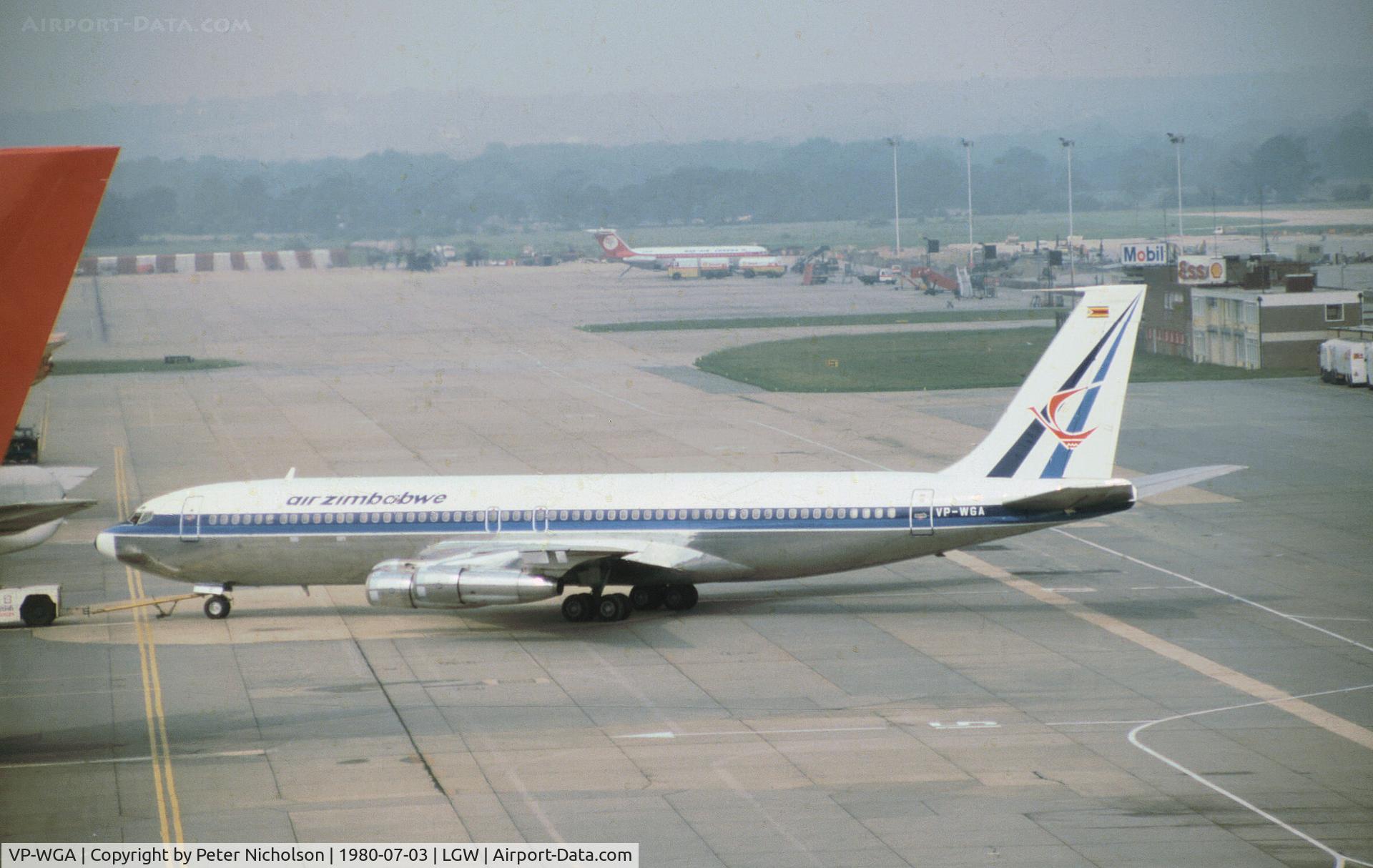 VP-WGA, 1969 Boeing 707-344C C/N 20110, Boeing 707-344C of Air Zimbabwe as seen at Gatwick in the Summer of 1980.