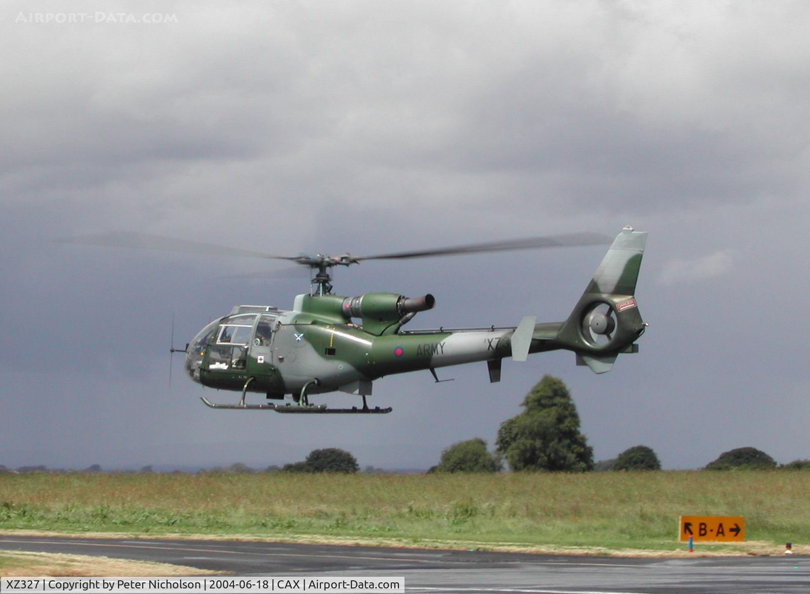 XZ327, 1977 Westland SA-341B Gazelle AH1 C/N 1645, Gazelle AH.1, callsign Army Air 755, of 3(V) Flight at RAF Leuchars visiting Carlisle in the Summer of 2004.