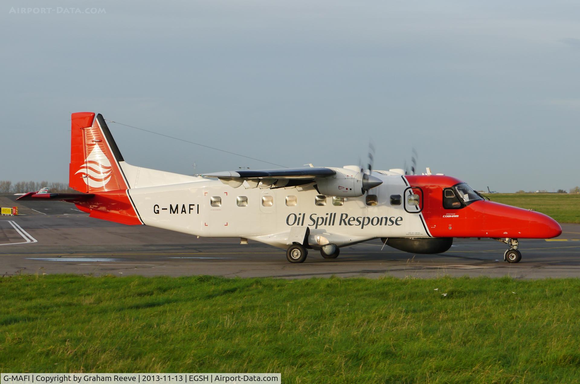 G-MAFI, 1986 Dornier 228-202K C/N 8115, Departing from Norwich.