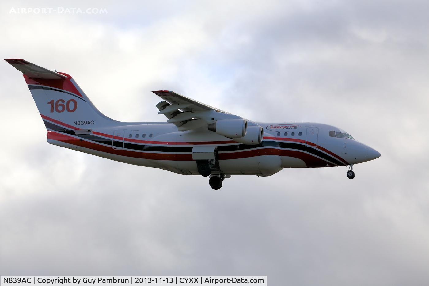 N839AC, 1995 British Aerospace Avro 146-RJ85A C/N E2270, This aircraft has been parked on the tarmac at CYXX for quite a while and I've see it fly a few times but never managed to be at the right place at the right time. The lighting conditions weren't great but at least I got it today.