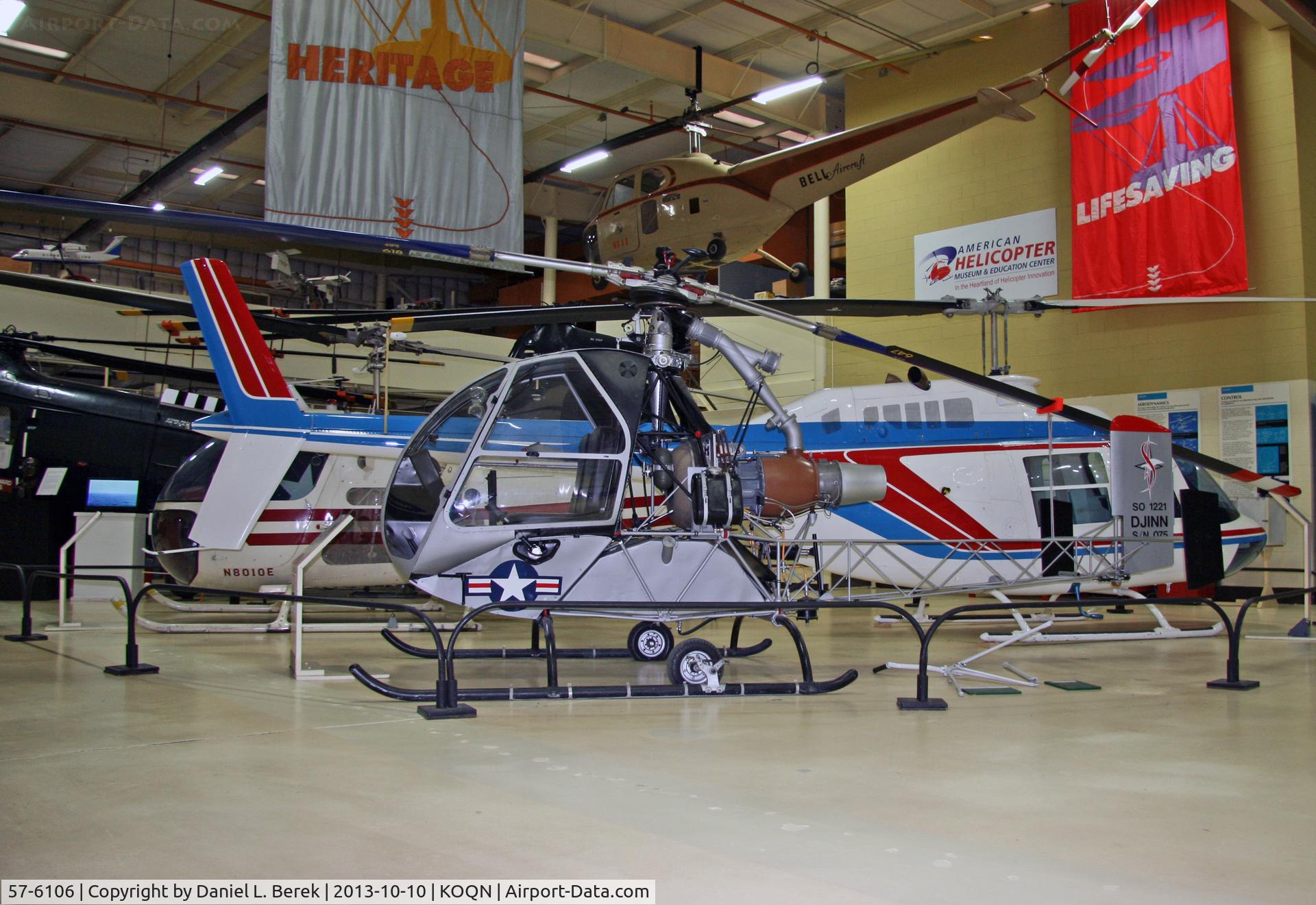 57-6106, 1957 Sud-Ouest SO.1221S Djinn C/N 1025/FR75, This machine was the first rotorcraft to use bleed air from the tips of its rotors, eliminating the need for a tail rotor.