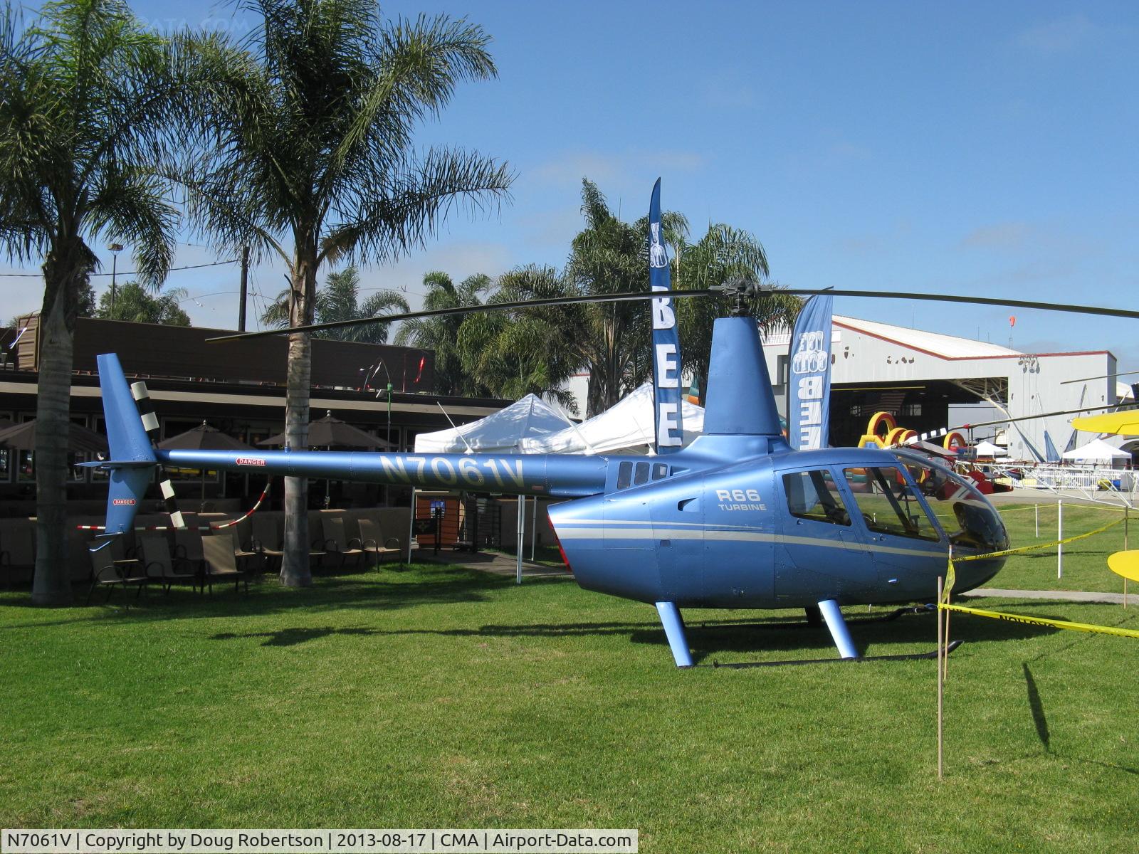 N7061V, 2013 Robinson R66 Turbine C/N 0366, 2013 Robinson R66 Turbine, Rolls-Royce RR300 250-C300/A1 turboshaft 300 shp derated to 270 shp for takeoff, max continuous 224 shp, hydraulically-powered controls. Of Orbic Helicopters at CMA.