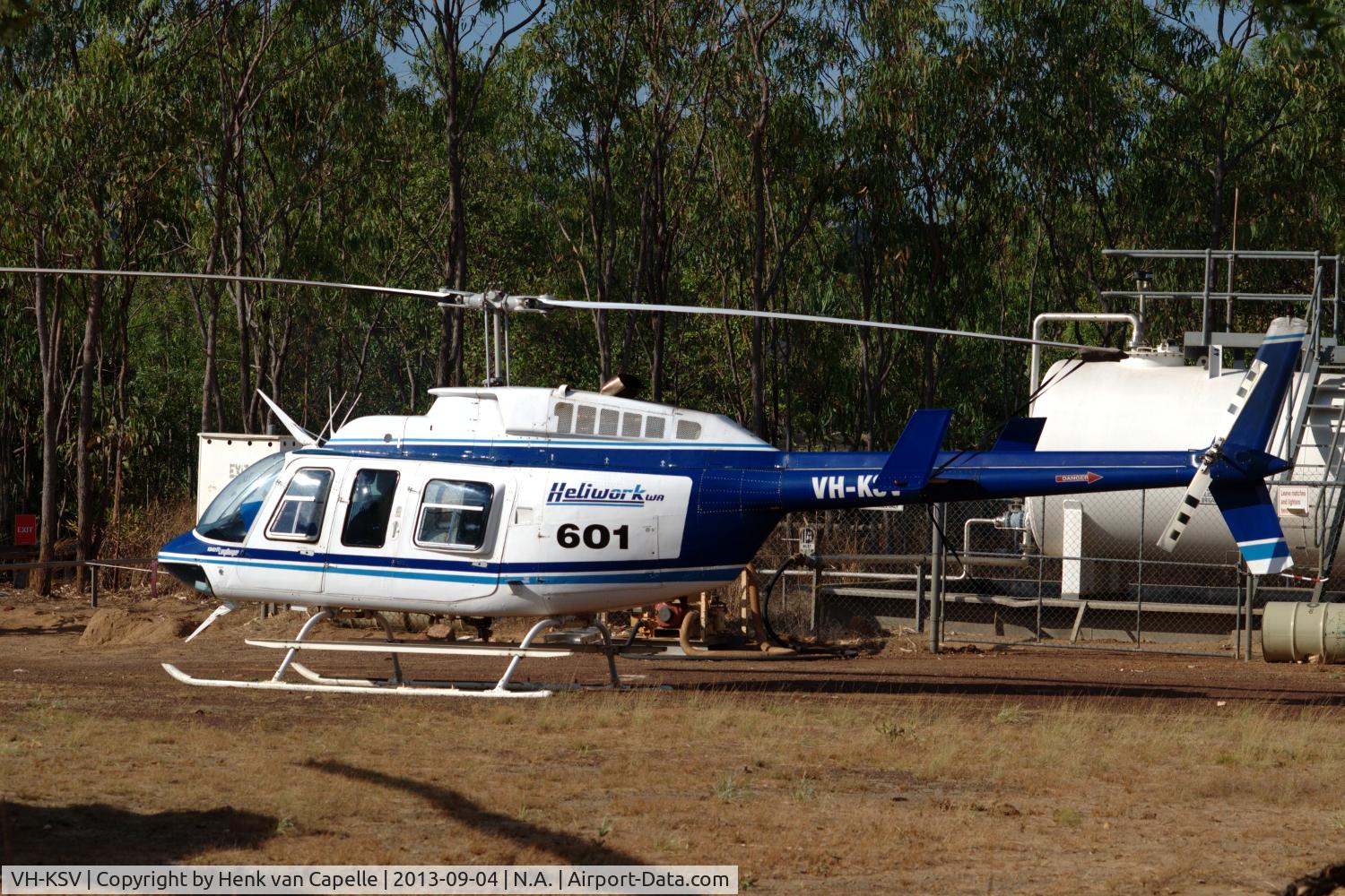 VH-KSV, 1980 Bell 206L-1 LongRanger II C/N 45387, Slingair Heliwork WA Bell 206L-1 at the heliport of Mitchell River National Park, Kimberley, Western Australia. It was used for sight seeing flights over the magnificent Mitchell Falls.