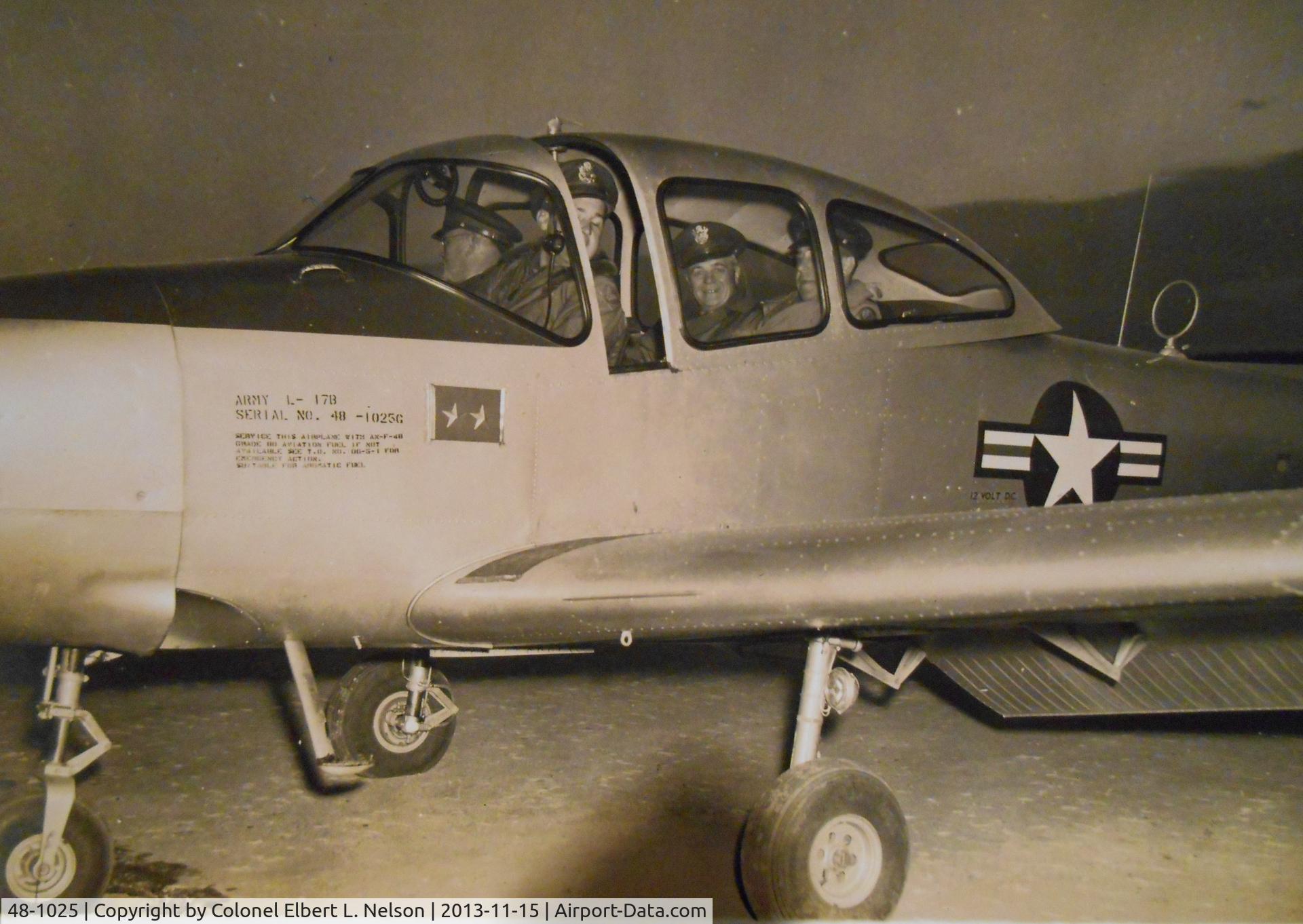 48-1025, Ryan Navion L-17B C/N NAV-4-1731, Photo showing Major General Leland Hobbs commander of the IX Corps at Camp Sendai, Japan inside of 1948 Ryan L-17-B Navion.  He is sitting behind pilot on left of plane.  The information on the body that is stenciled gives the Serial No. as 48-1025 G