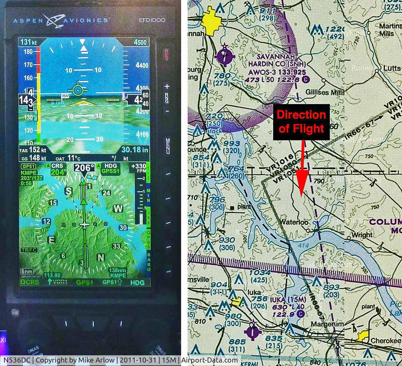 N536DC, 2003 Diamond DA-20C-1 Eclipse C/N C0236, 4,250 MSL and climbing at 330 FPM to 4,500 MSL, approaching Pickwick Lake near the Iuka, Mississippi airport (15M). During this climb, our true airspeed was 152 KTS (173 MPH) and our ground speed was 148 KTS (168 MPH) as displayed on the Aspen EFD1000.