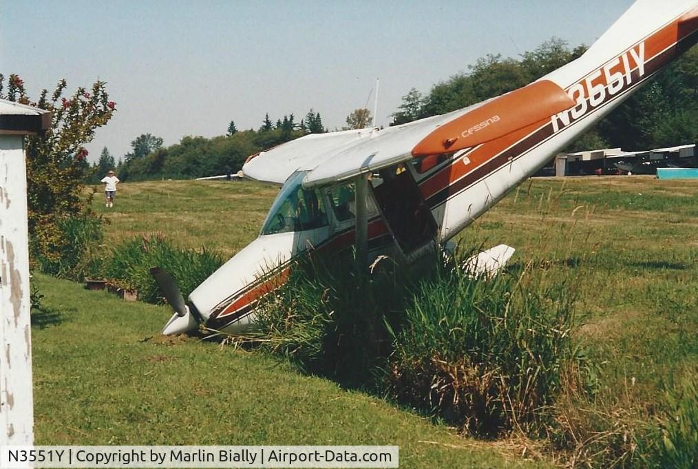 N3551Y, 1962 Cessna 182F Skylane C/N 18254451, The results of a downwind landing at the very short Martha Lake Airport in Washington State.  Date is 1992 or 1993.