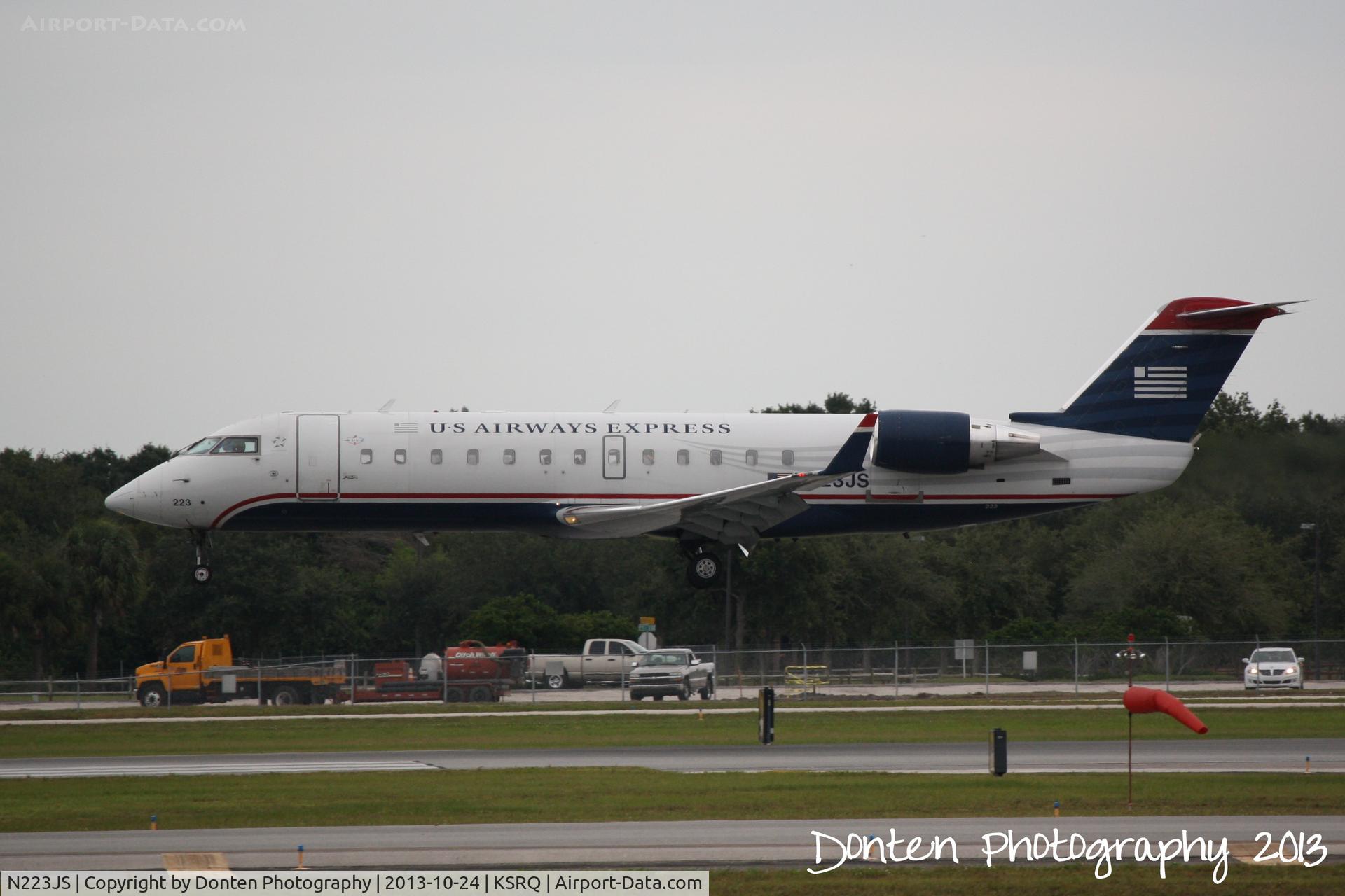 N223JS, 2004 Bombardier CRJ-200ER (CL-600-2B19) C/N 7892, US Air Flight 4594 operated by PSA (N223JS) arrives at Sarasota-Bradenton International Airport following a flight from Reagan National Airport