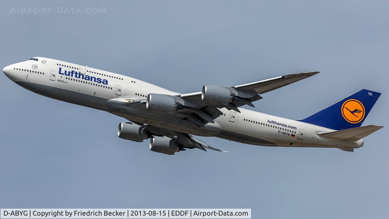 D-ABYG, 2013 Boeing 747-830 C/N 37831, departure from Frankfurt