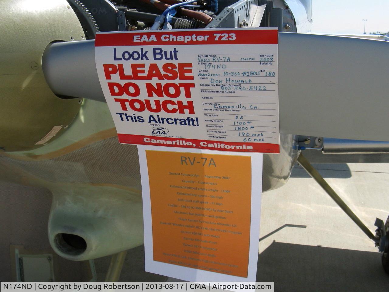 N174ND, Vans RV-7A C/N 71485, Howald VAN's RV-7A, Aerosport IO-360-B1 180 Hp, in build, data
