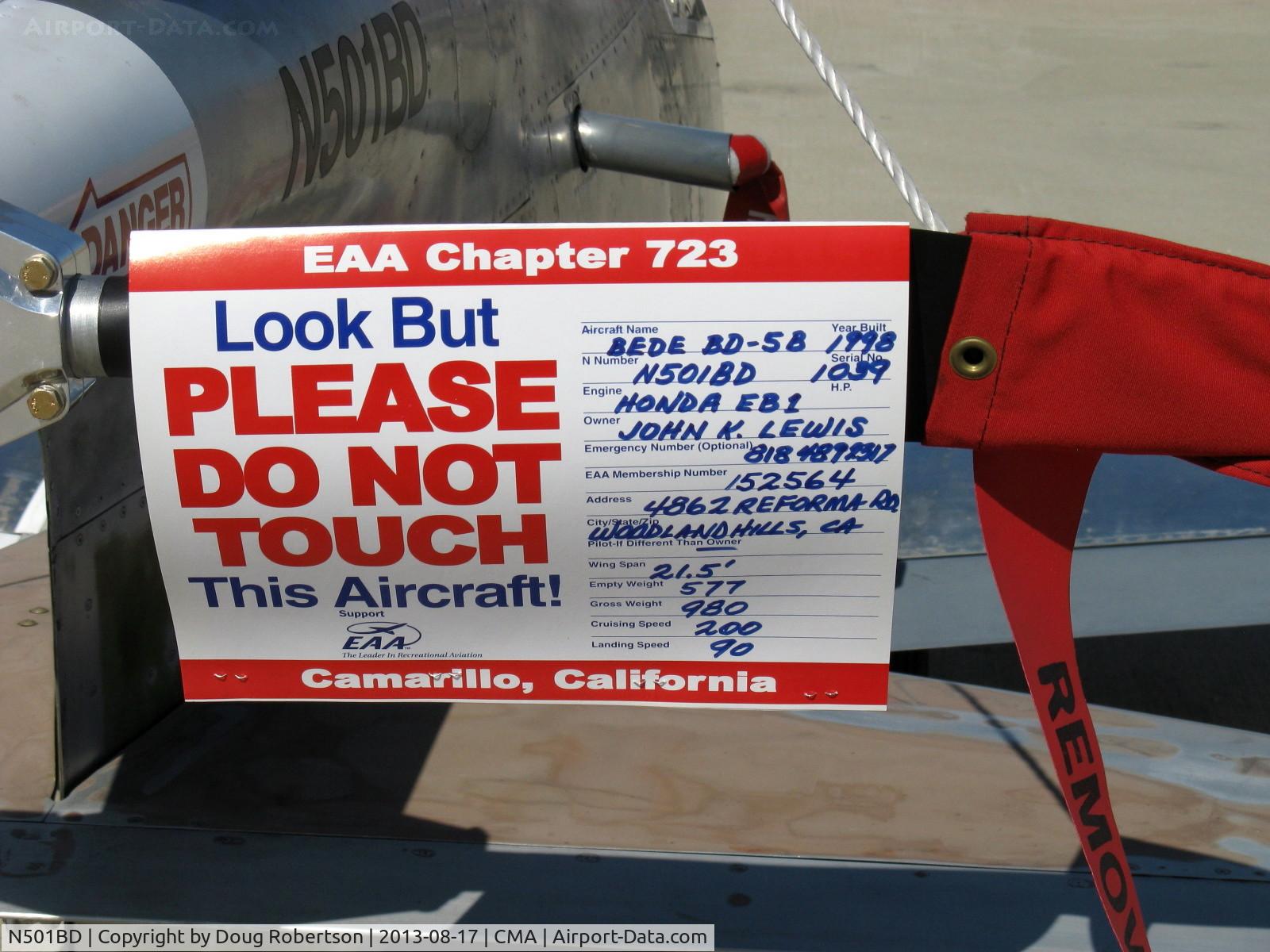 N501BD, 1998 Bede BD-5 C/N 1039, 1998 Simmons BD-5B, Honda EB1 pusher, data