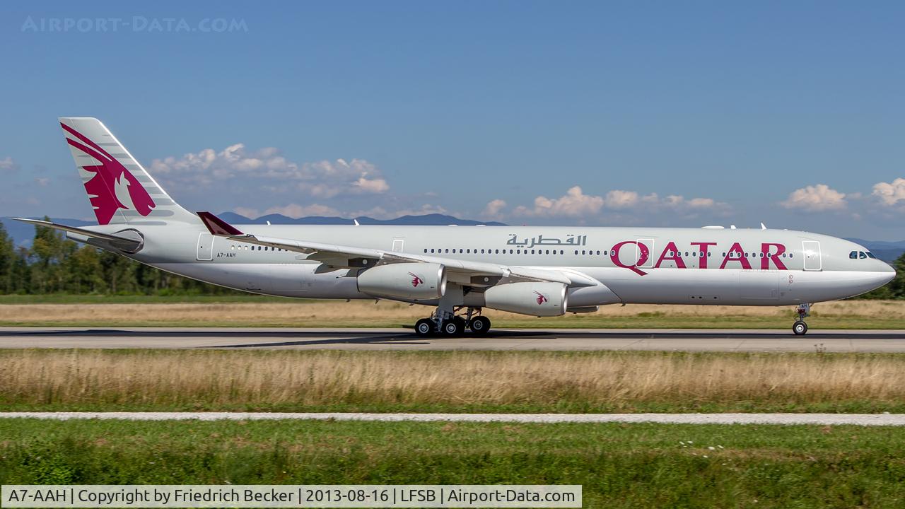 A7-AAH, 2003 Airbus A340-313X C/N 528, departure from Basel