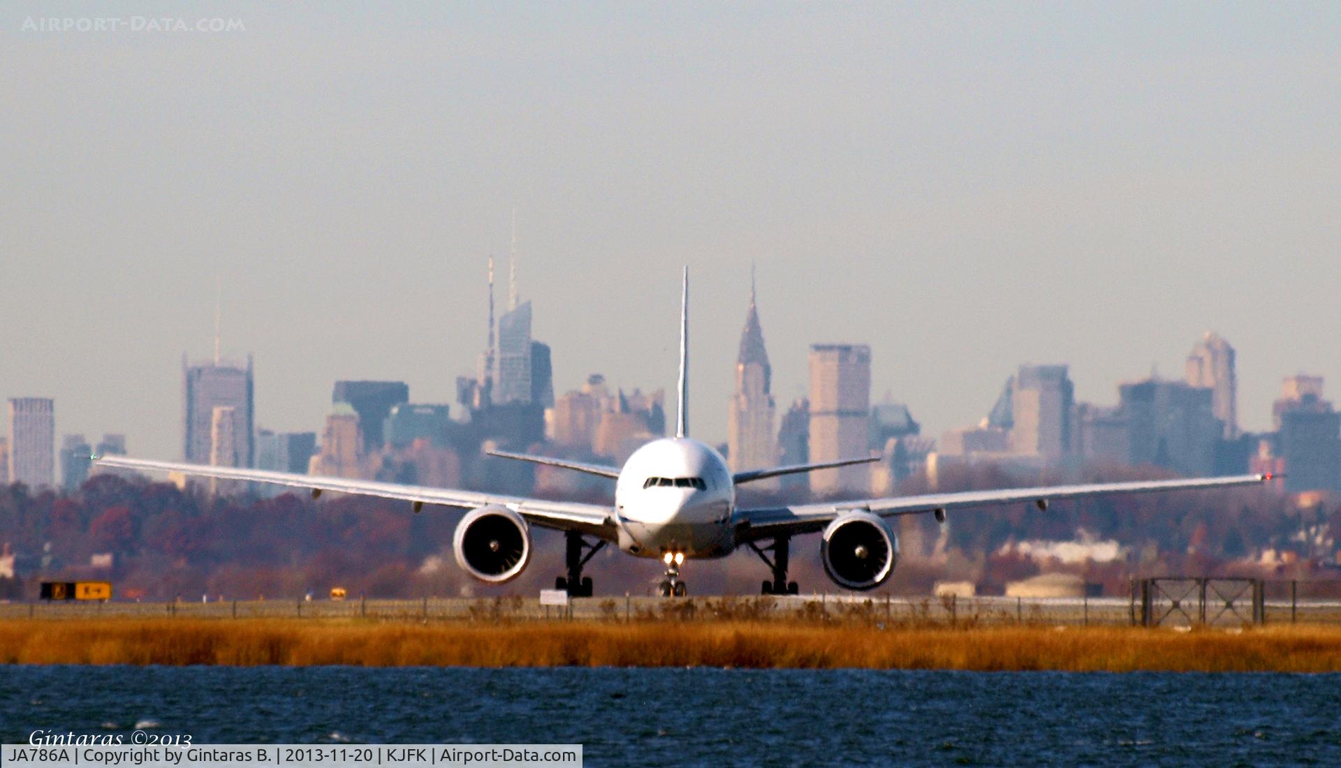 JA786A, 2010 Boeing 777-381/ER C/N 37948, Taxiing for take-off from 4L, JFK