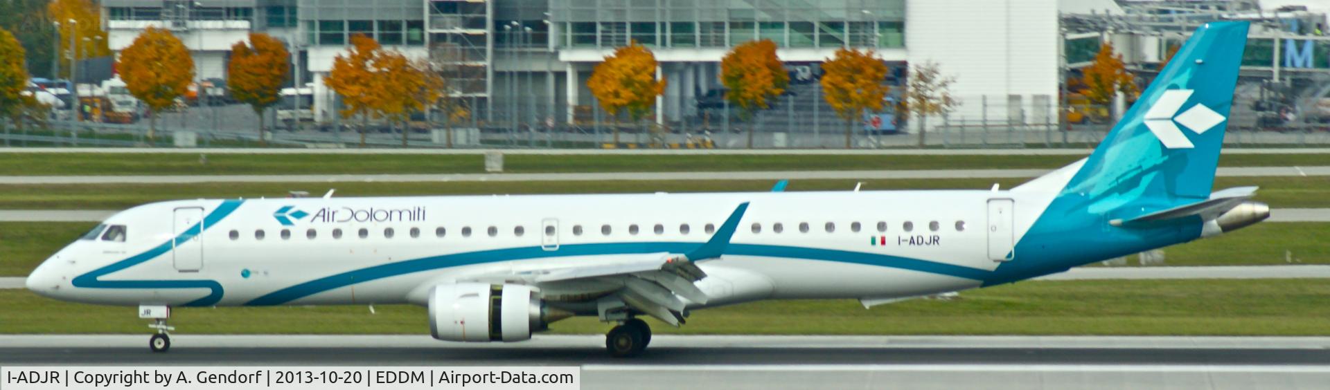 I-ADJR, 2012 Embraer 195LR (ERJ-190-200LR) C/N 19000595, Air Dolomiti, seen here speeding up for departure at München(EDDM)