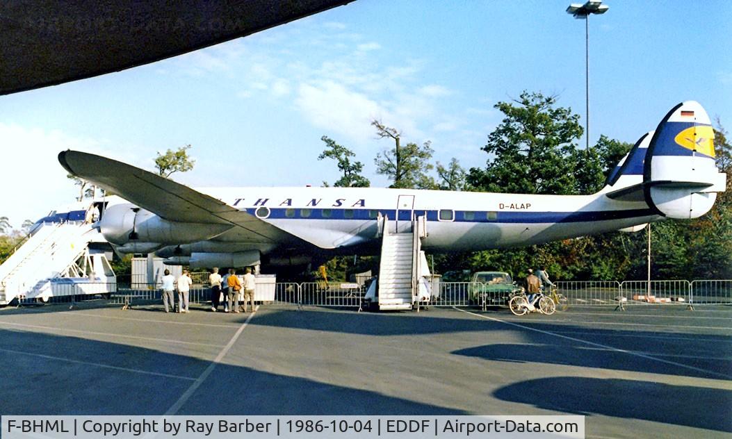 F-BHML, 1957 Lockheed L-1049G Super Constellation C/N 4671, Lockheed L-1049G Super Constellation [4671] Frankfurt~D 04/10/1986. Wearing false marks D-ALAP. Taken from a slide.